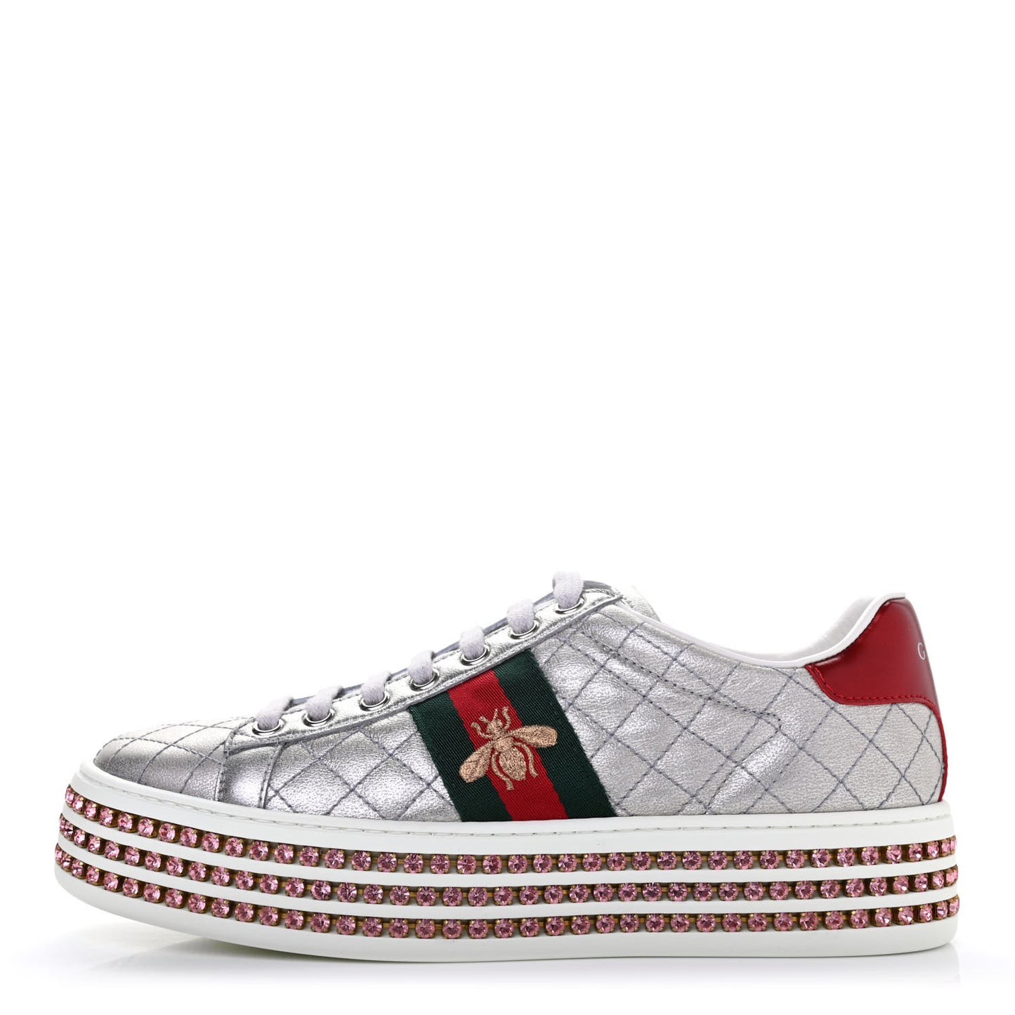 Laminated Nappa Crystal Web Bee Embroidered Trapuntata Womens Ace Platform Sneakers 37 Argento