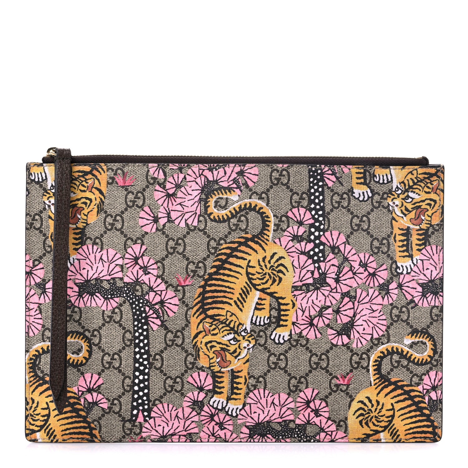 Gucci GG Supreme Monogram Bengal Zip Pouch Beige New Acero Crop Pink 1 of 8