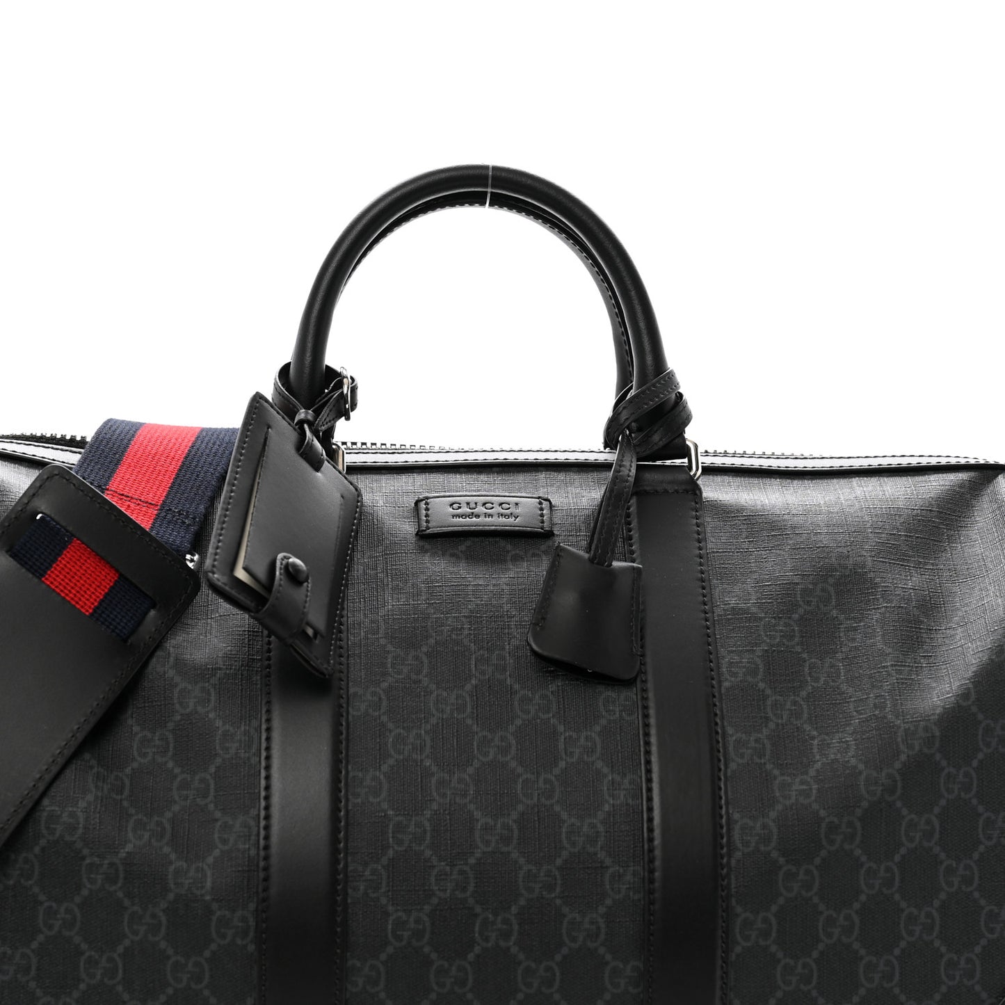 Soft GG Supreme Monogram Appia Calfskin Web Medium Carry On Duffle Bag Black Grey
