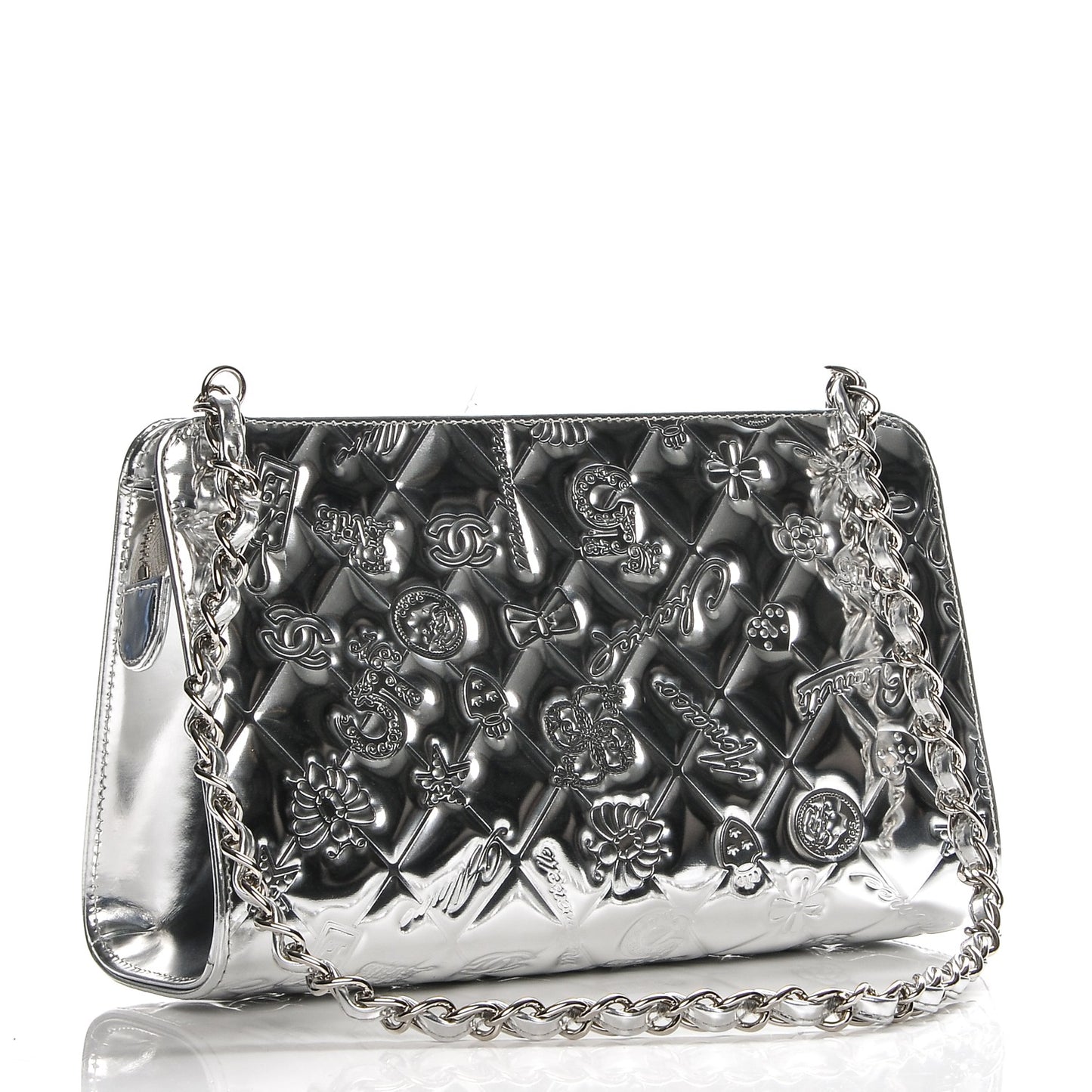 Metallic Patent Calfskin Lucky Symbols Pochette Silver