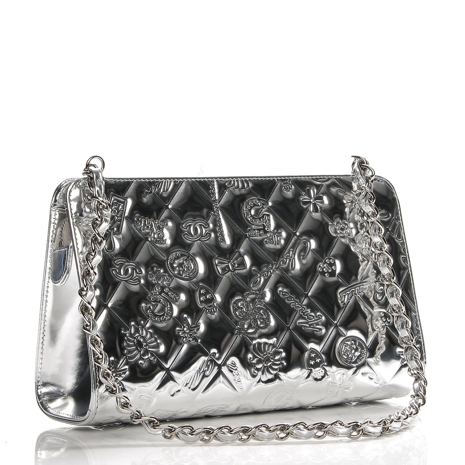 Chanel Metallic Patent Calfskin Lucky Symbols Pochette Silver 3 of 7