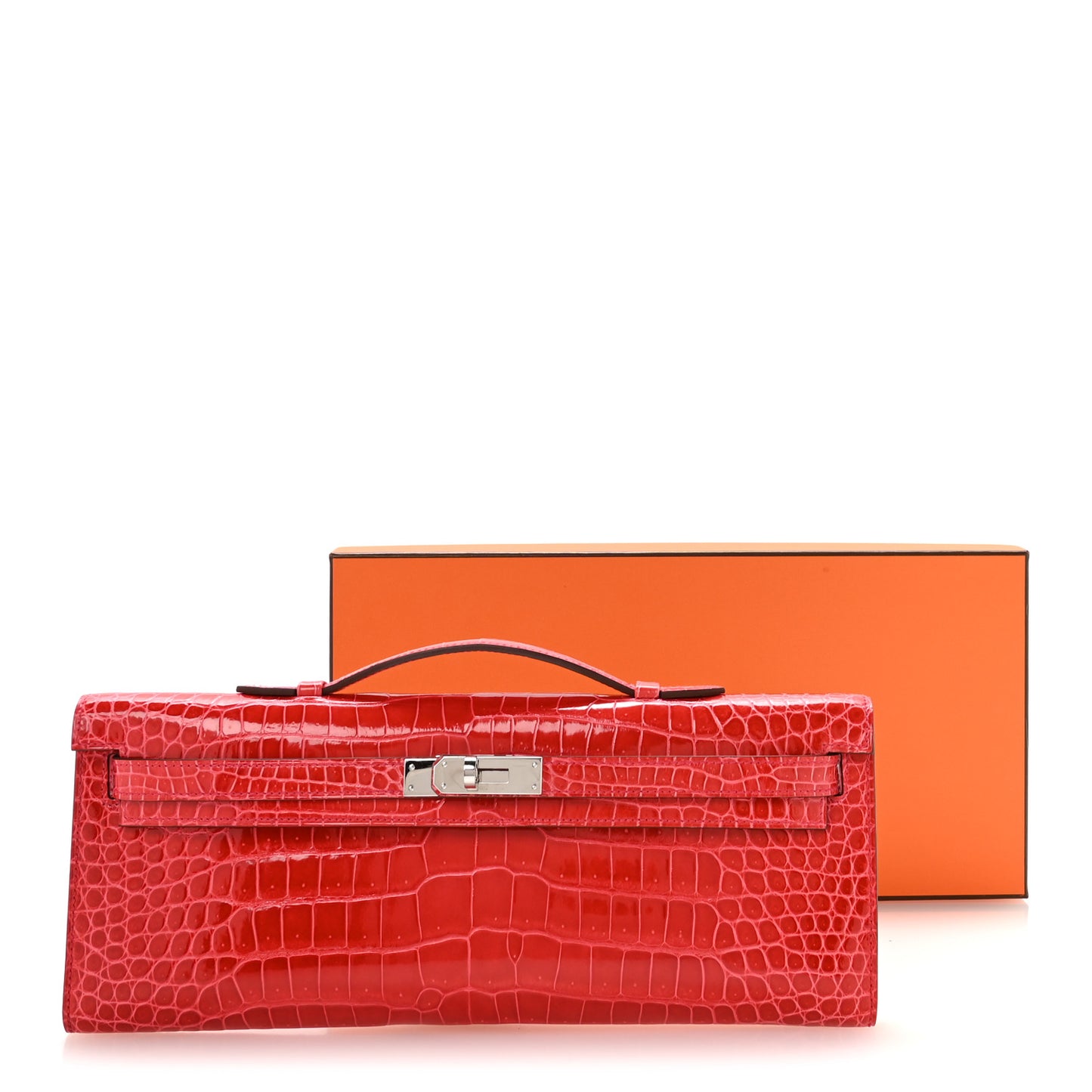 Shiny Porosus Crocodile Kelly Cut Pochette Bougainvillier