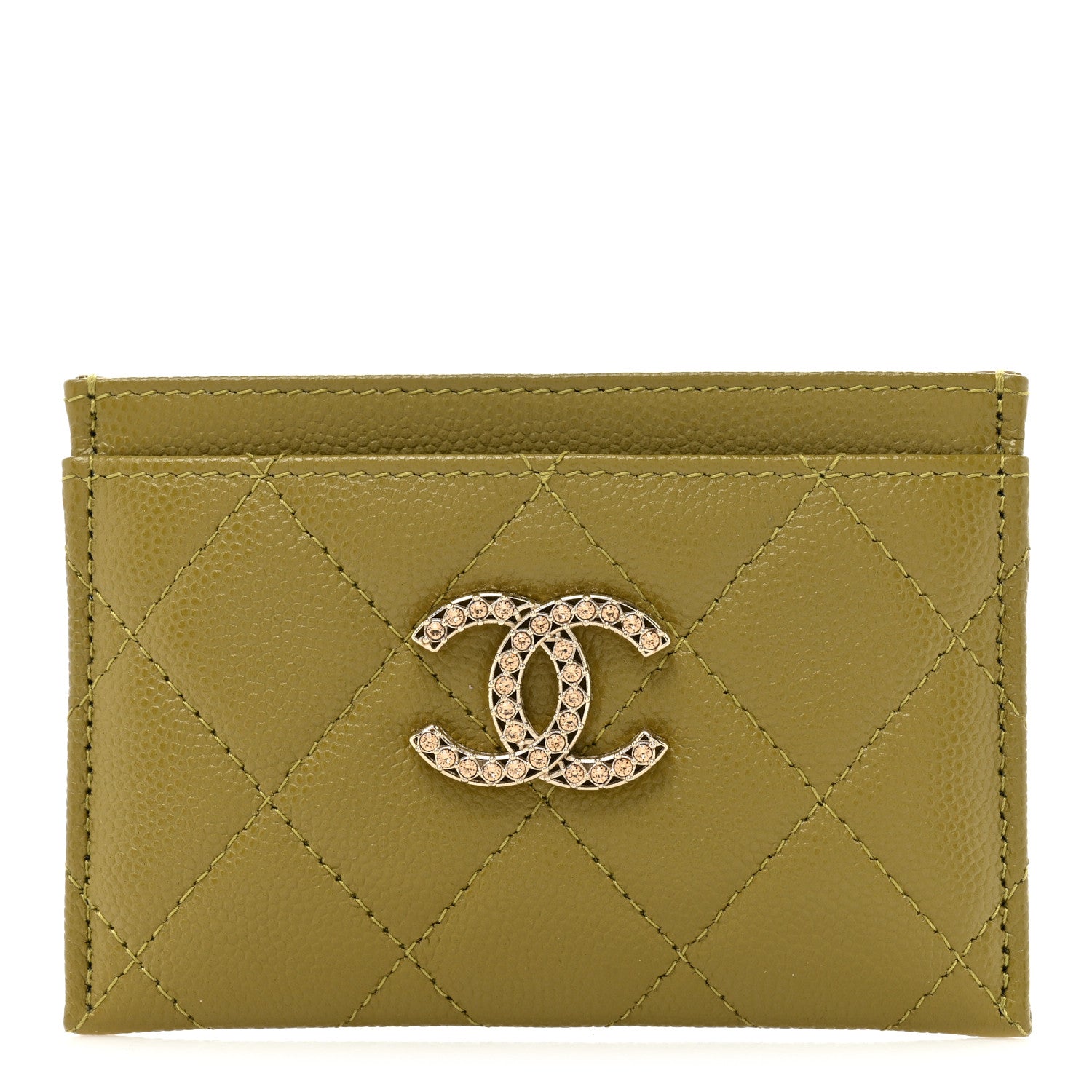 Chanel Caviar Quilted Crystal Card Holder Green 1 of 11