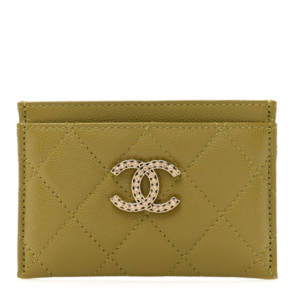 Chanel Caviar Quilted Crystal Card Holder Green 1 of 11