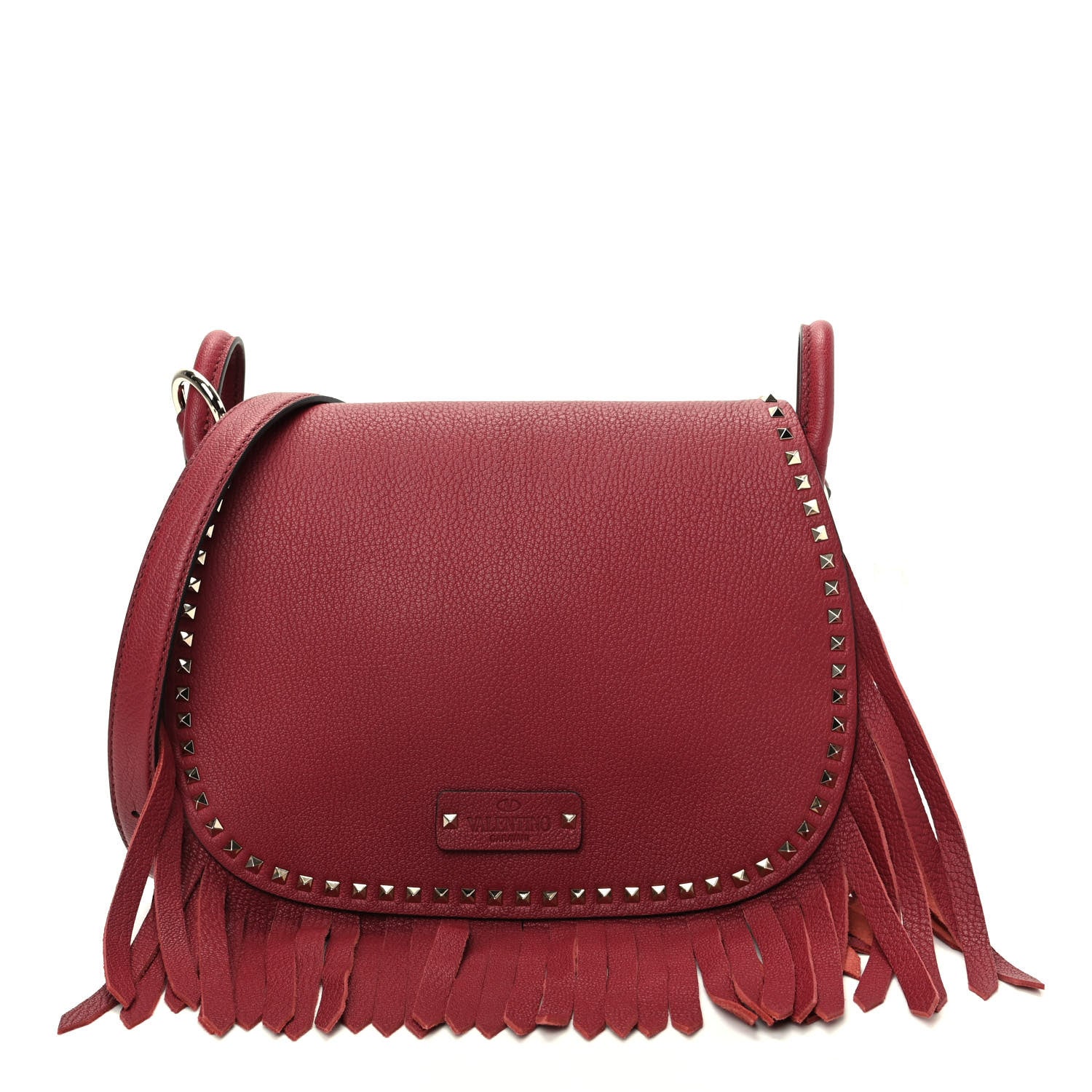 Valentino Garavani Pebbled Calfskin Rockstud Fringe Messenger Bag Rosso 1 of 9