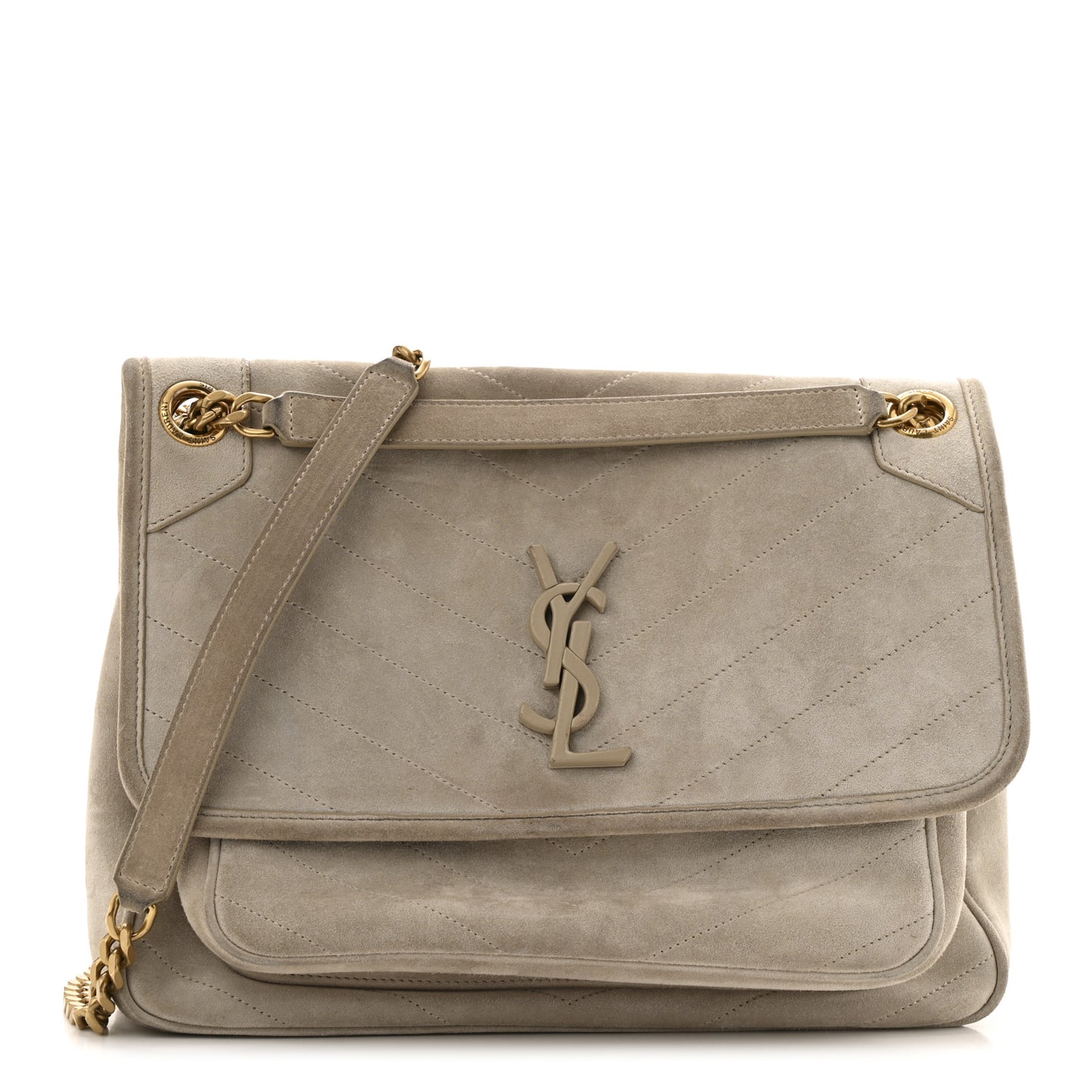 Suede Monogram Medium Niki Chain Satchel Light Beige