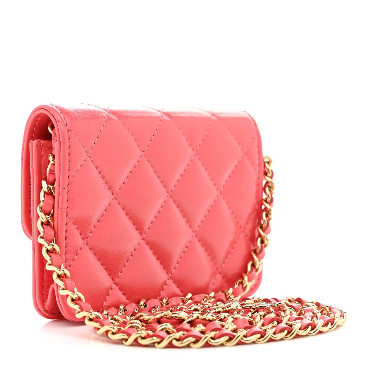 Shiny Lambskin Quilted Card Holder On Chain Pink