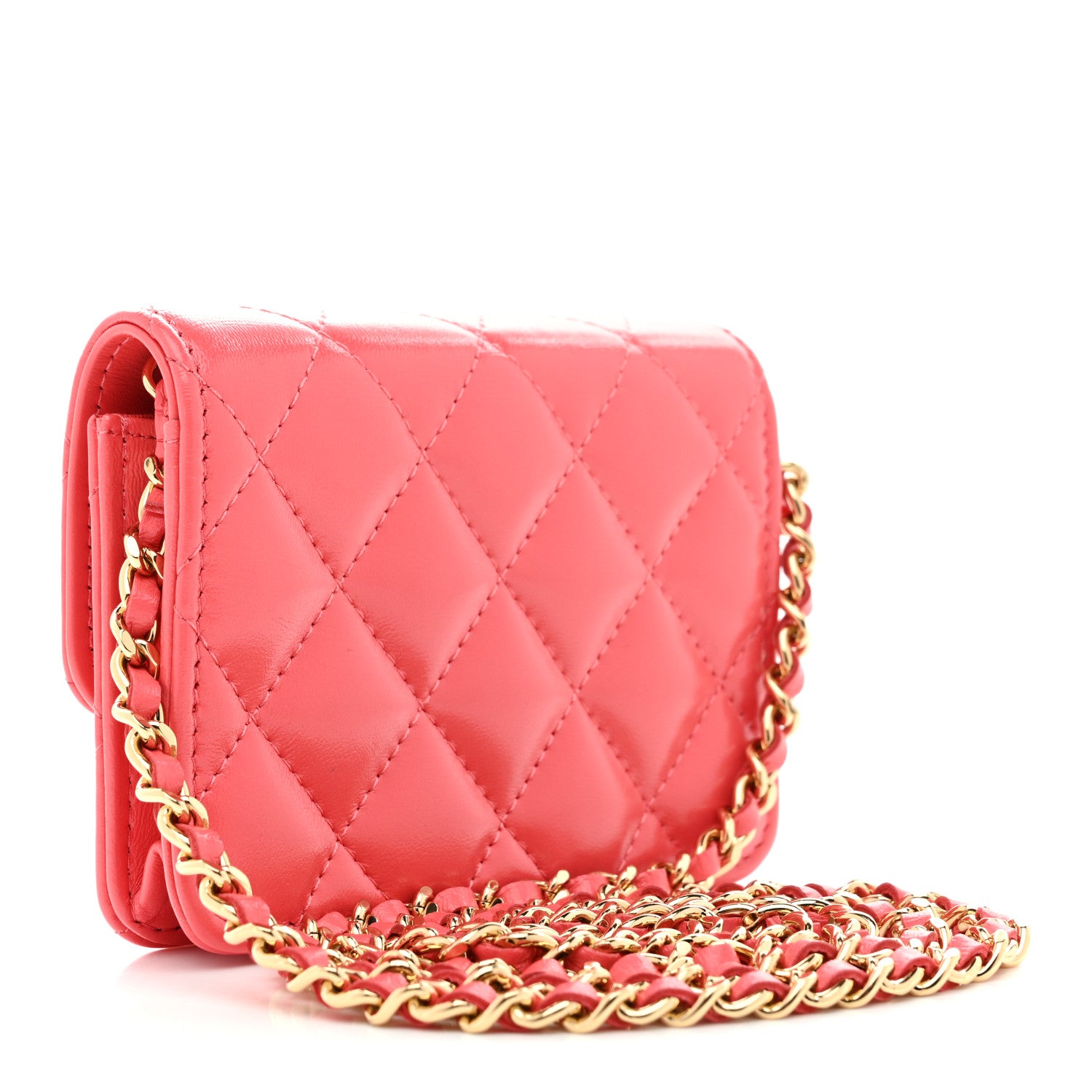 Chanel Shiny Lambskin Quilted Card Holder On Chain Pink 2 of 10