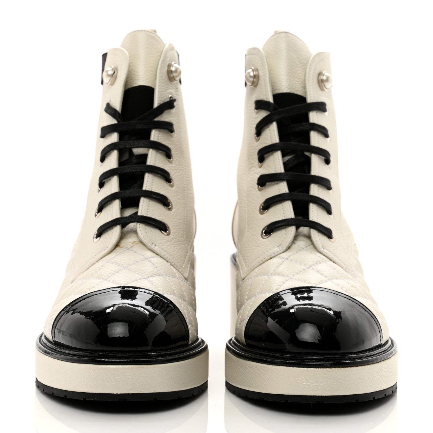 Chanel Pearly Calfskin Patent Calfskin Quilted Lace Up Boots 39 White Light Gray Black 2 of 9
