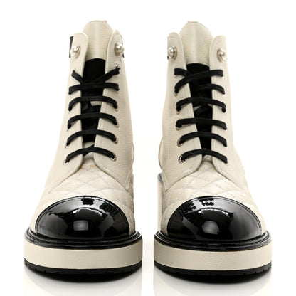 Chanel Pearly Calfskin Patent Calfskin Quilted Lace Up Boots 39 White Light Gray Black 2 of 9