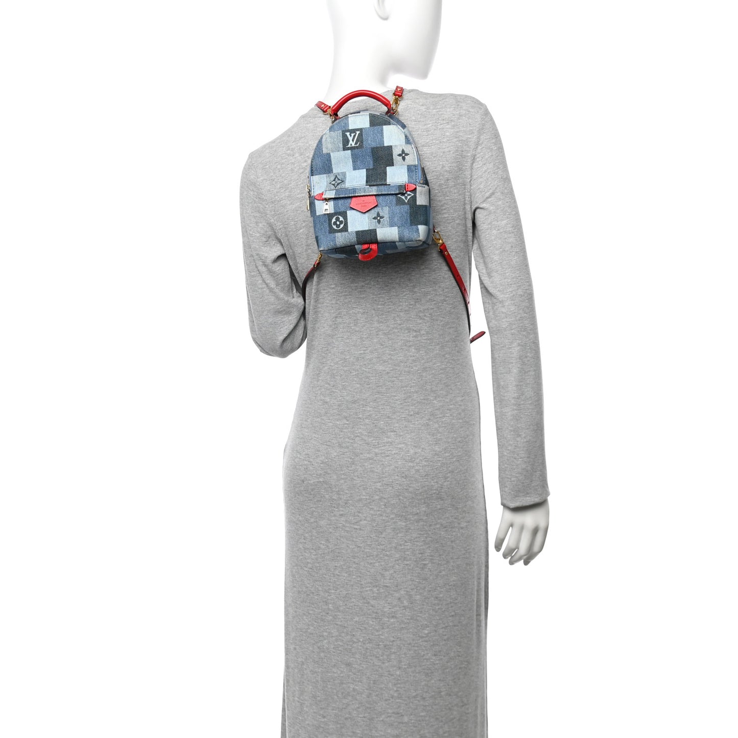 Denim Damier Monogram Patchwork Palm Springs Backpack Mini Blue Rouge
