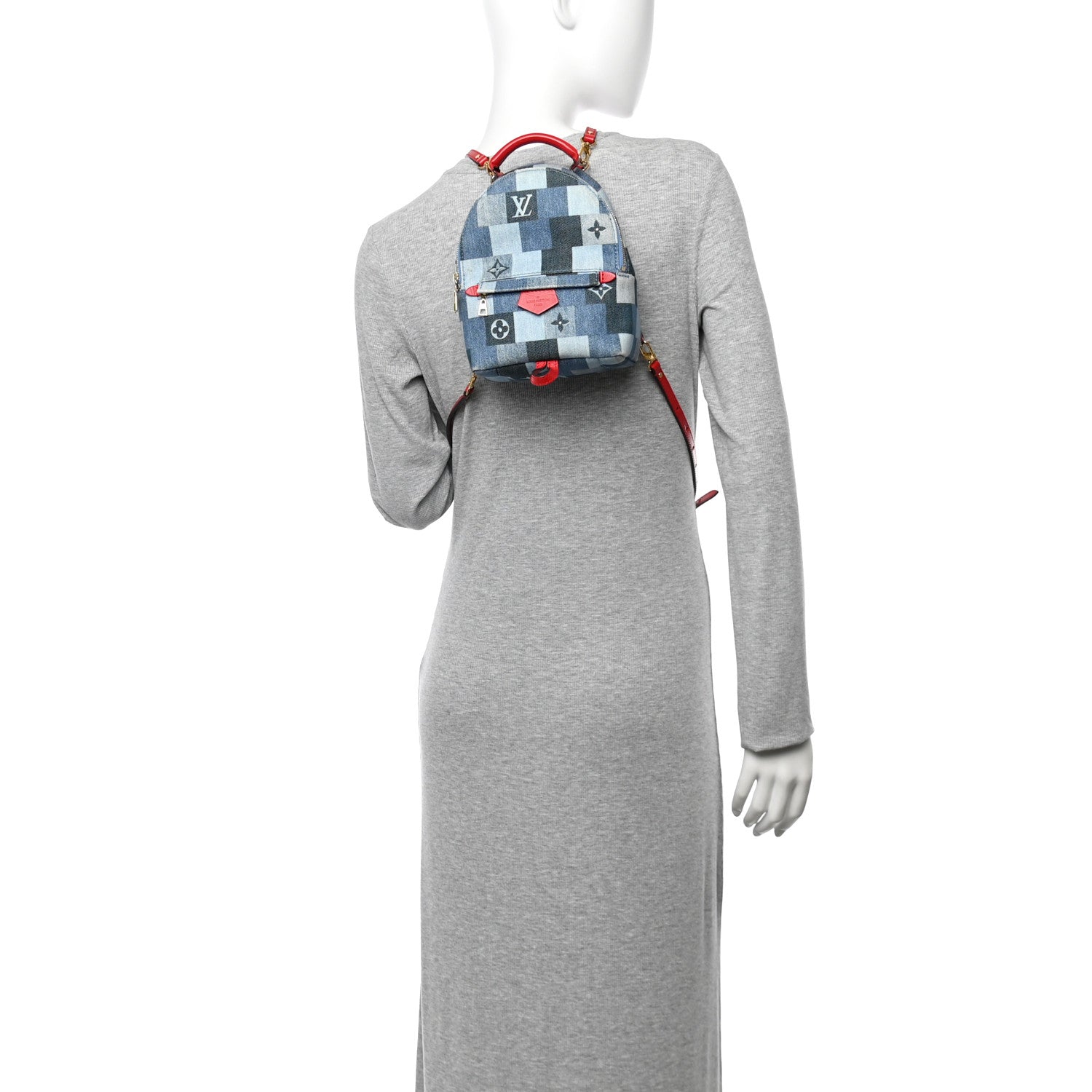 Louis Vuitton Denim Damier Monogram Patchwork Palm Springs Backpack Mini Blue Rouge 2 of 11
