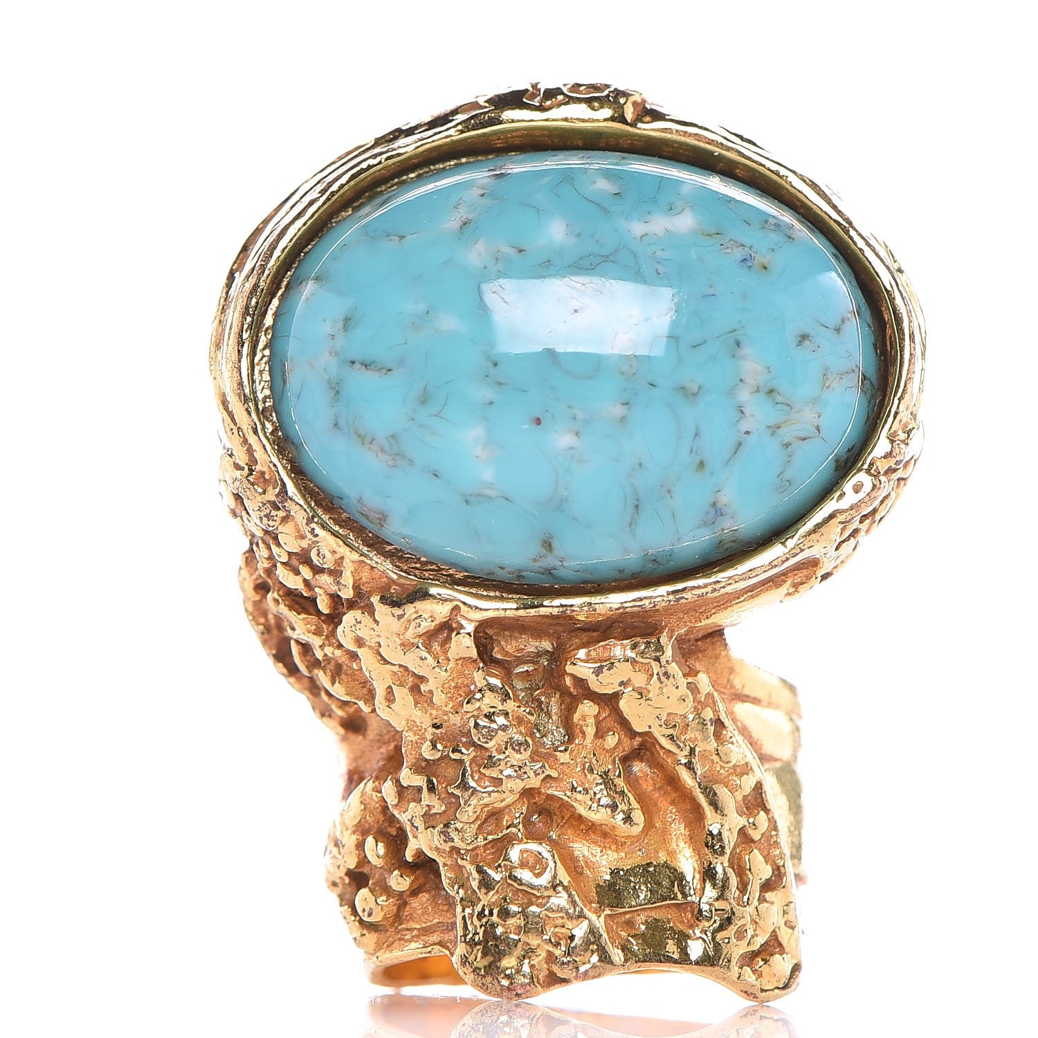 Saint Laurent Glass Cabochon Arty Ovale Ring 6 Gold Turquoise 1 of 5
