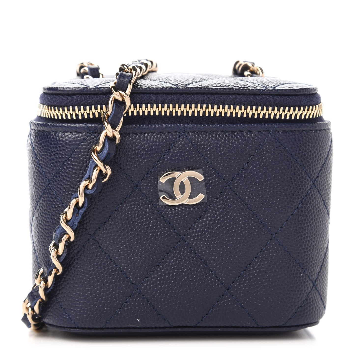 Caviar Quilted Mini Vanity Case With Chain Navy Blue