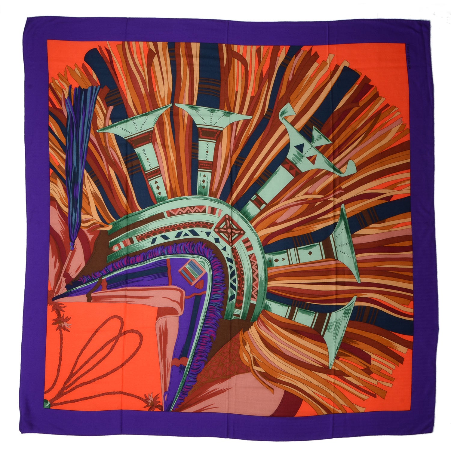 Hermes Cashmere Silk Cuirs Du Desert II Scarf Violet Corail Vert Amande 140 3 of 6