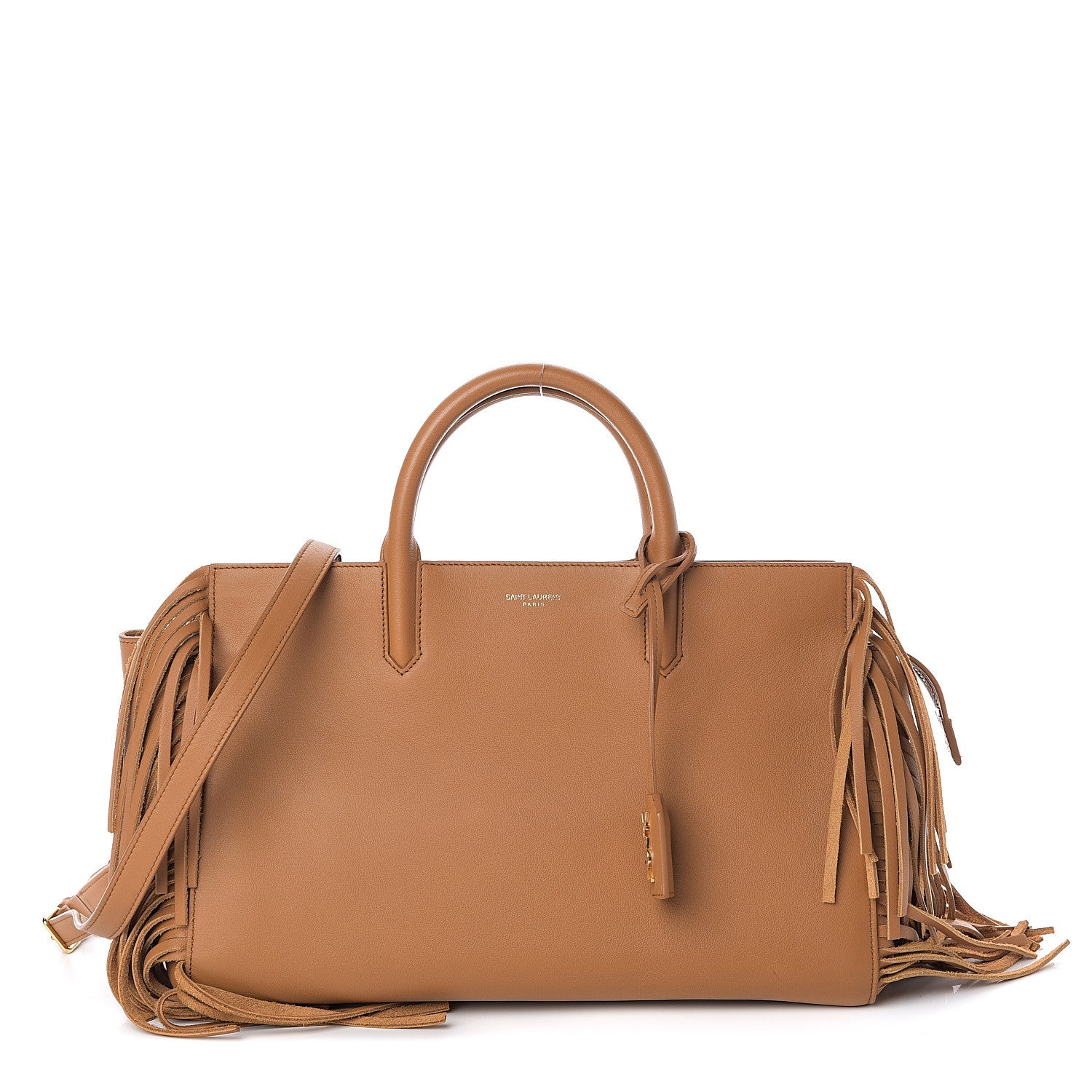 Saint Laurent Calfskin Small Rive Gauche Fringe Tote Tan 1 of 7