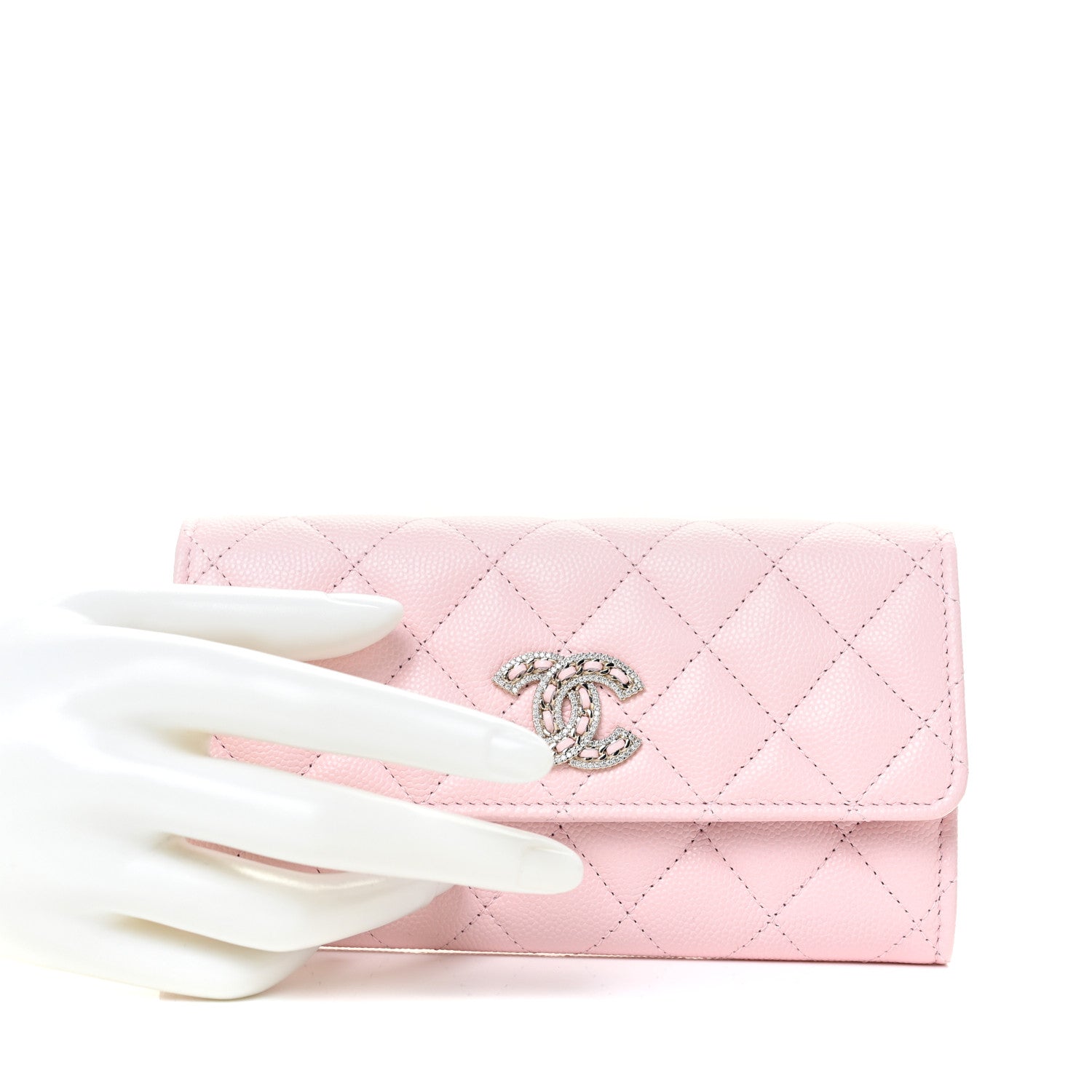 Chanel Caviar Quilted Crystal CC Large Gusset Flap Wallet Pink 2 of 11