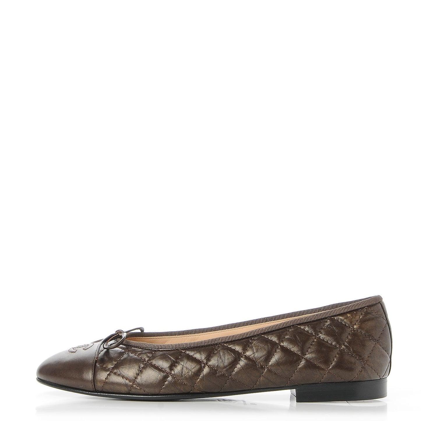 Metallic Aged Calfskin Quilted Cap Toe Ballerina Flats 40 Dark Brown