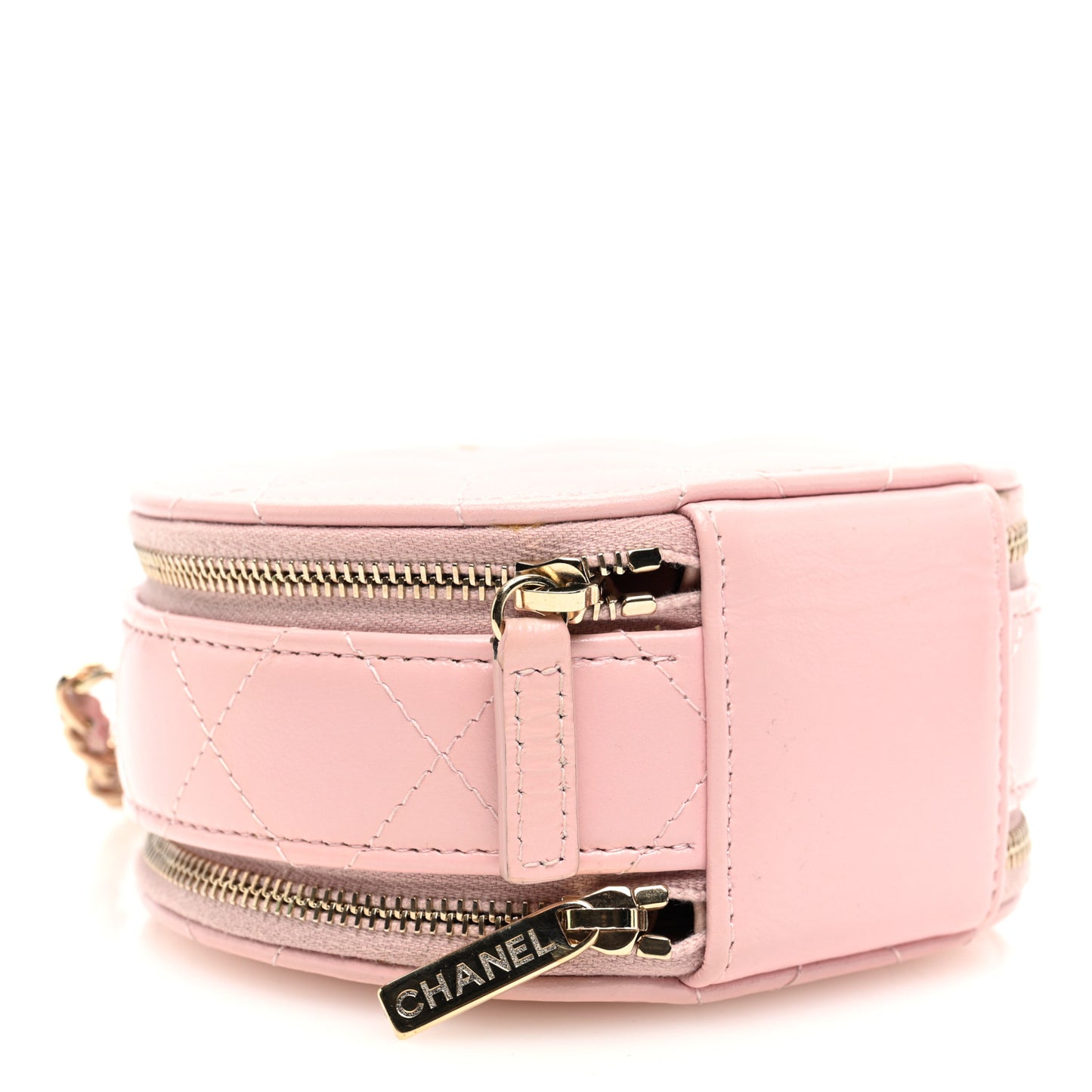 Lambskin Quilted Round Handle With Care Vanity With Chain Pink