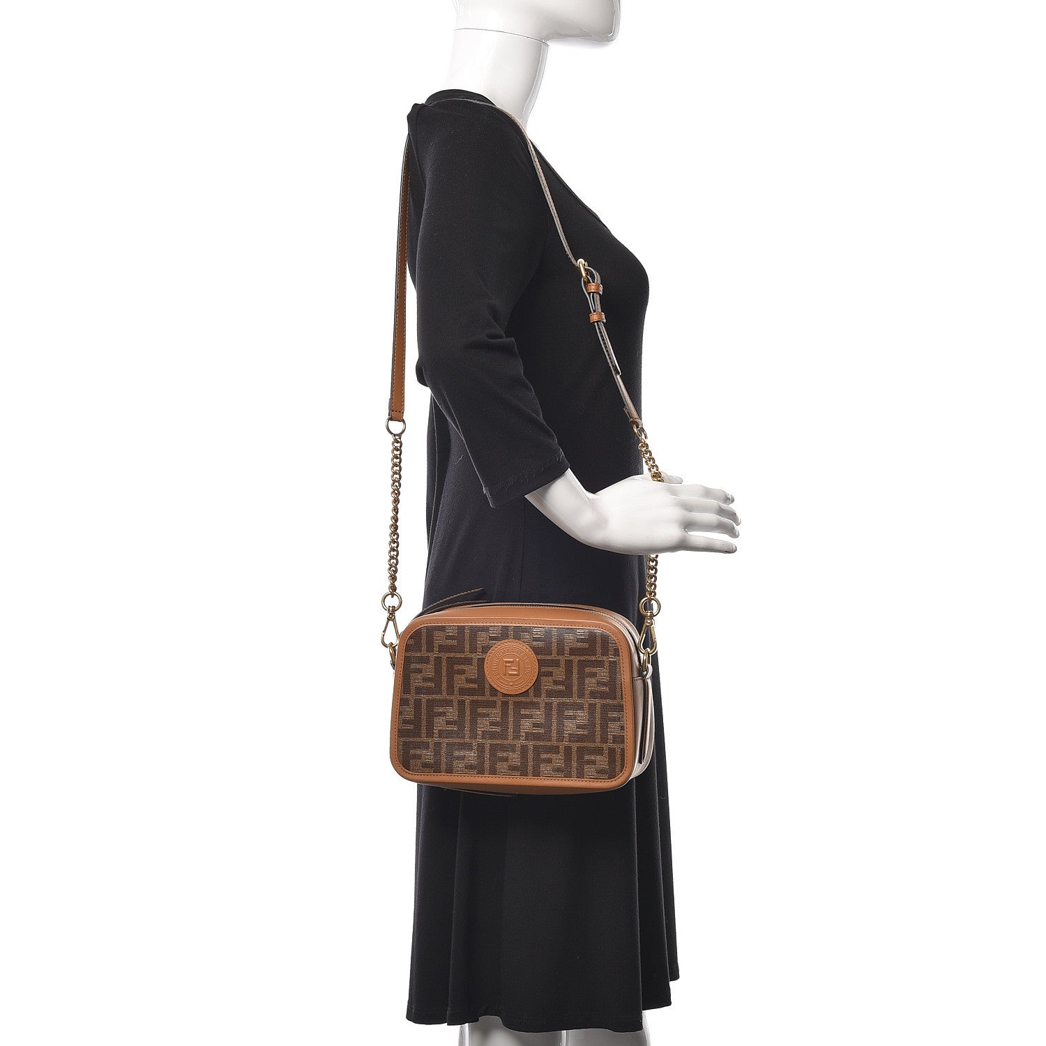 Fendi Glazed Fabric Vitello Century FF 1974 Stamp Patch Camera Case Mogano Panna Caramello 2 of 9