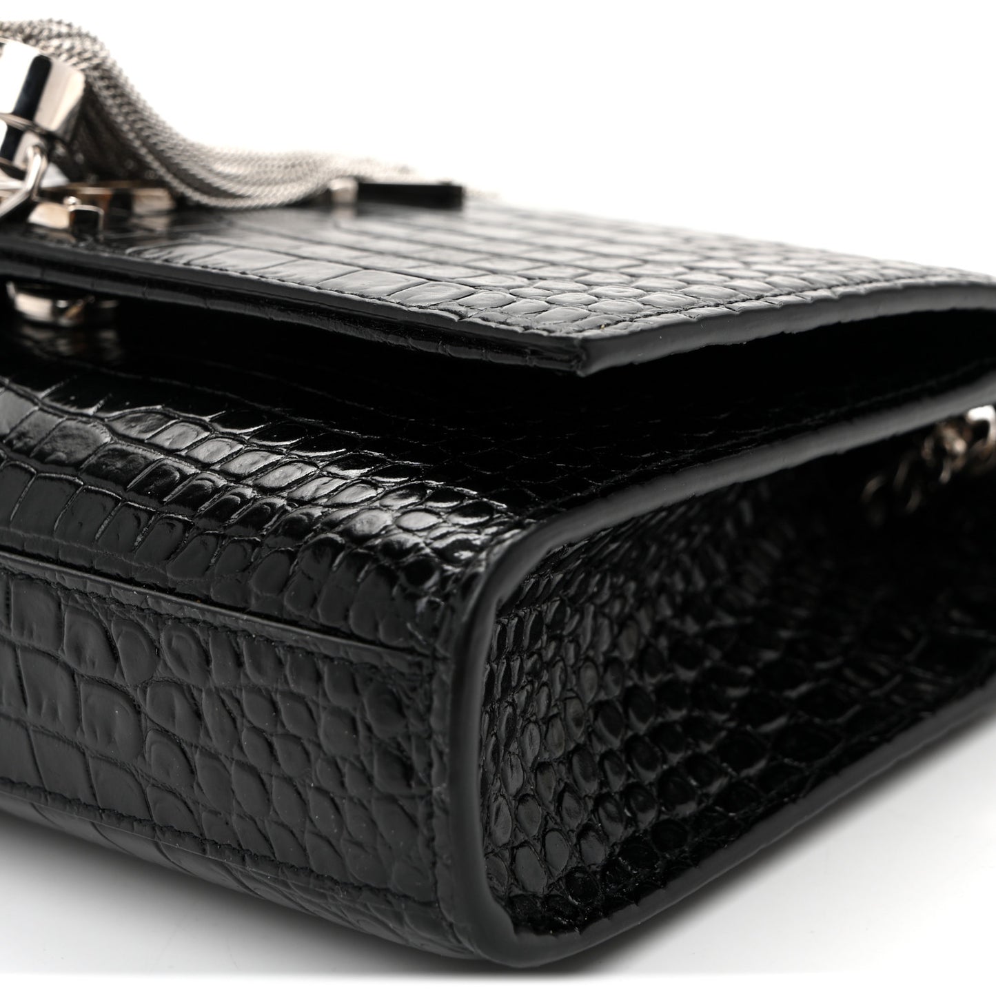 Calfskin Crocodile Embossed Small Classic Monogram Kate Tassel Satchel Black