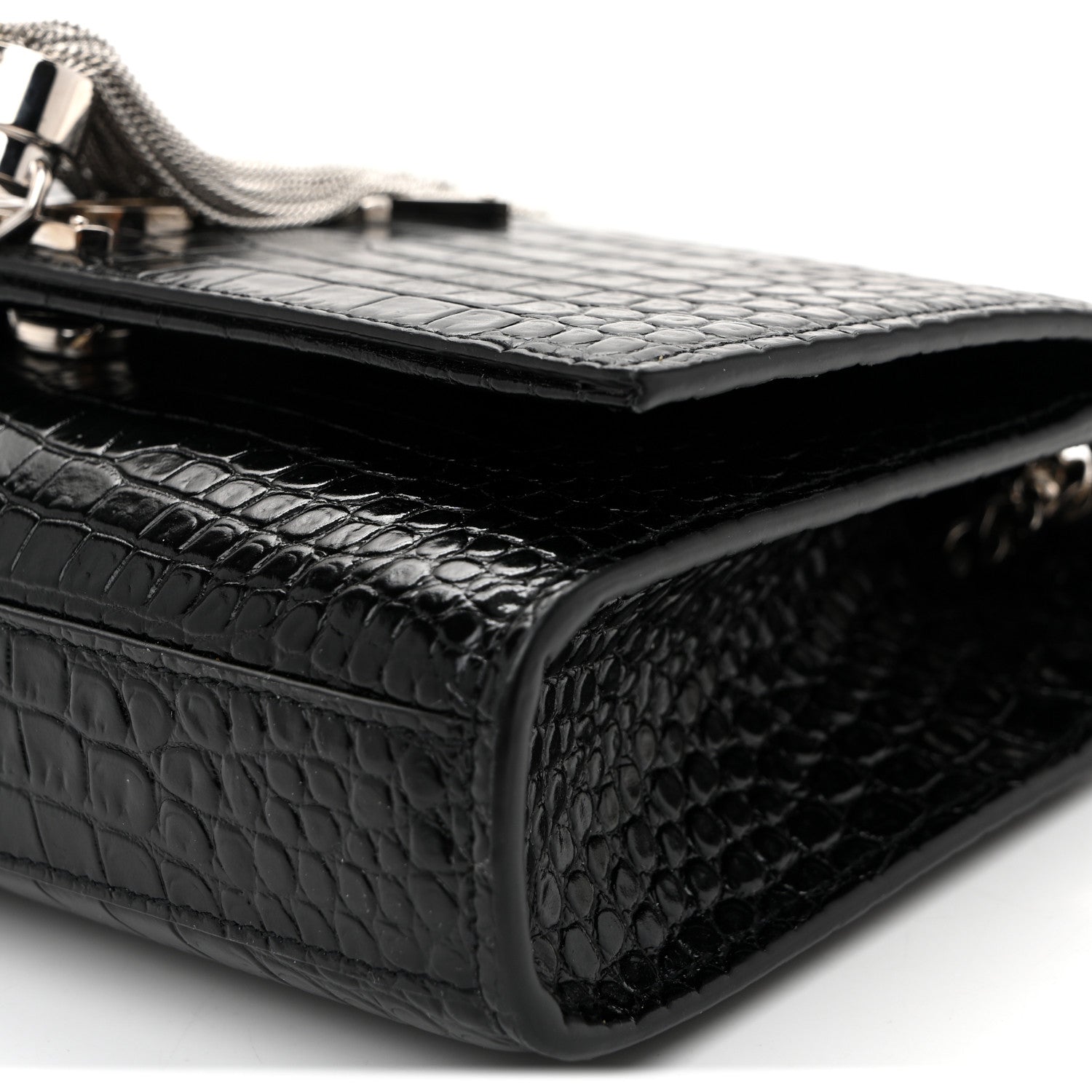 Saint Laurent Calfskin Crocodile Embossed Small Classic Monogram Kate Tassel Satchel Black 9 of 9