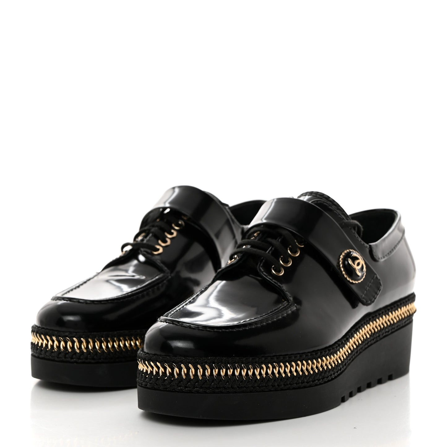Shiny Calfskin Lace Up Platform Loafers 39 Black