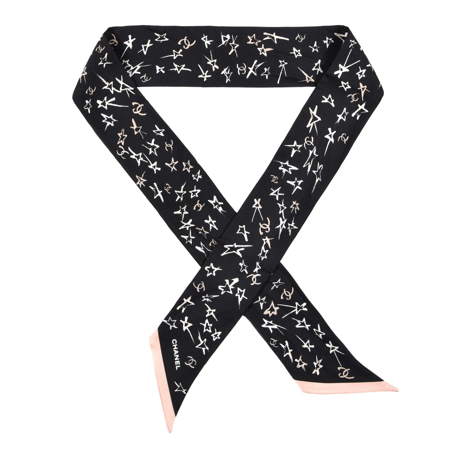 Chanel Silk Stars CC Slim Bandeau Scarf Black Ecru Light Pink 1 of 4