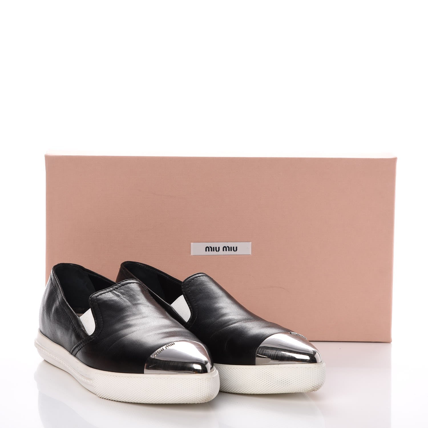 Miu Miu Nappa Metal Cap Toe Slip On Sneakers 36 Black Silver 14 of 14