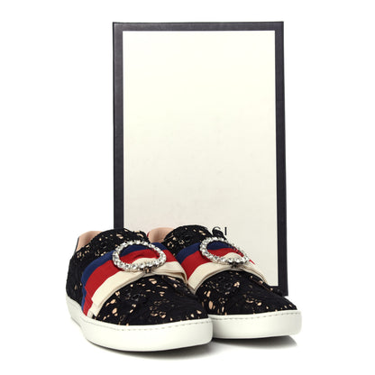 Gucci Lace Crystal Sylvie Web Flower Leaf Womens Ace Sneakers 36 Black Tan Beige 12 of 12