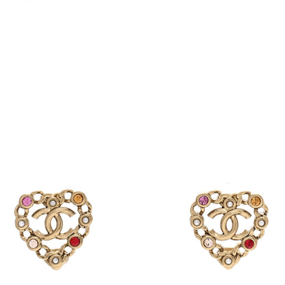 Chanel Pearl Crystal CC Heart Earrings Gold Multicolor 1 of 4