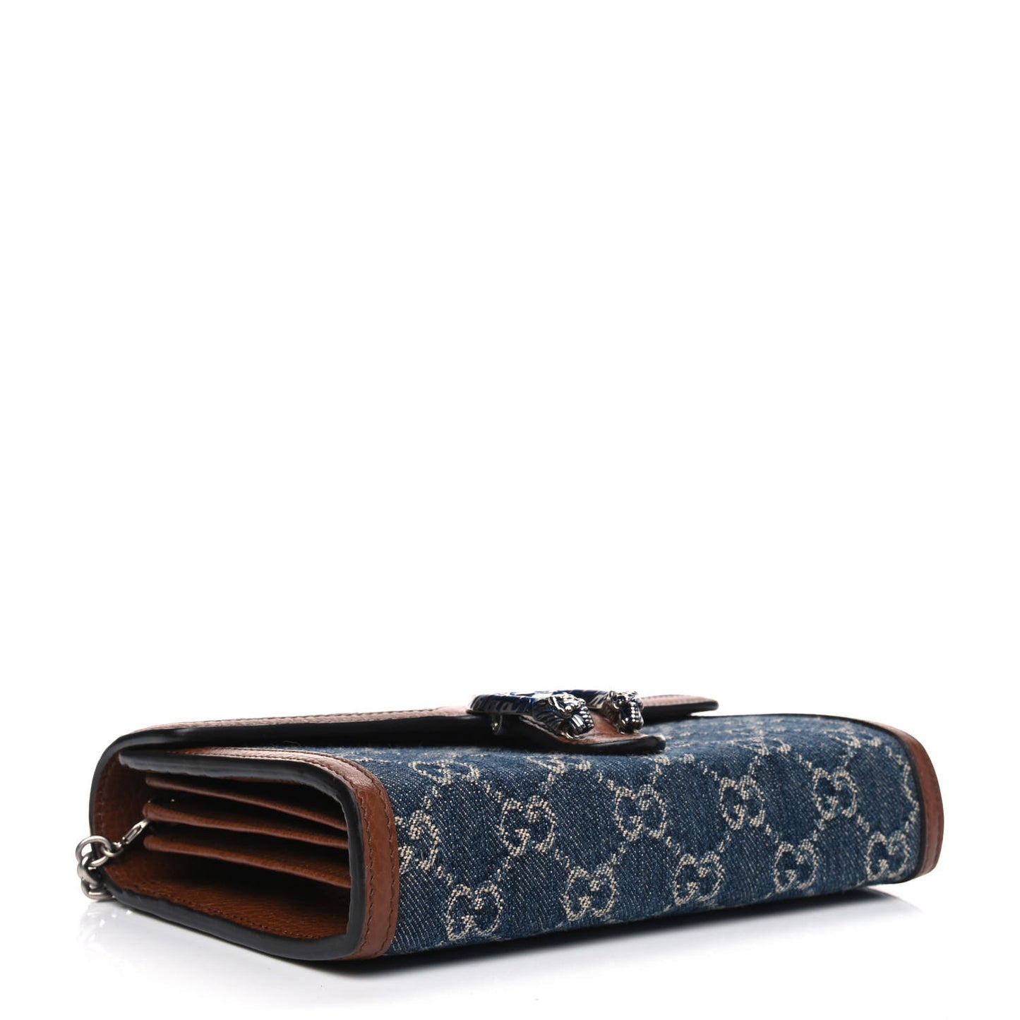 New Denim GG Monogram Dollar Calfskin Enamel Mini Dionysus Chain Wallet Blue Tea Cuir Epilog Electric Blue