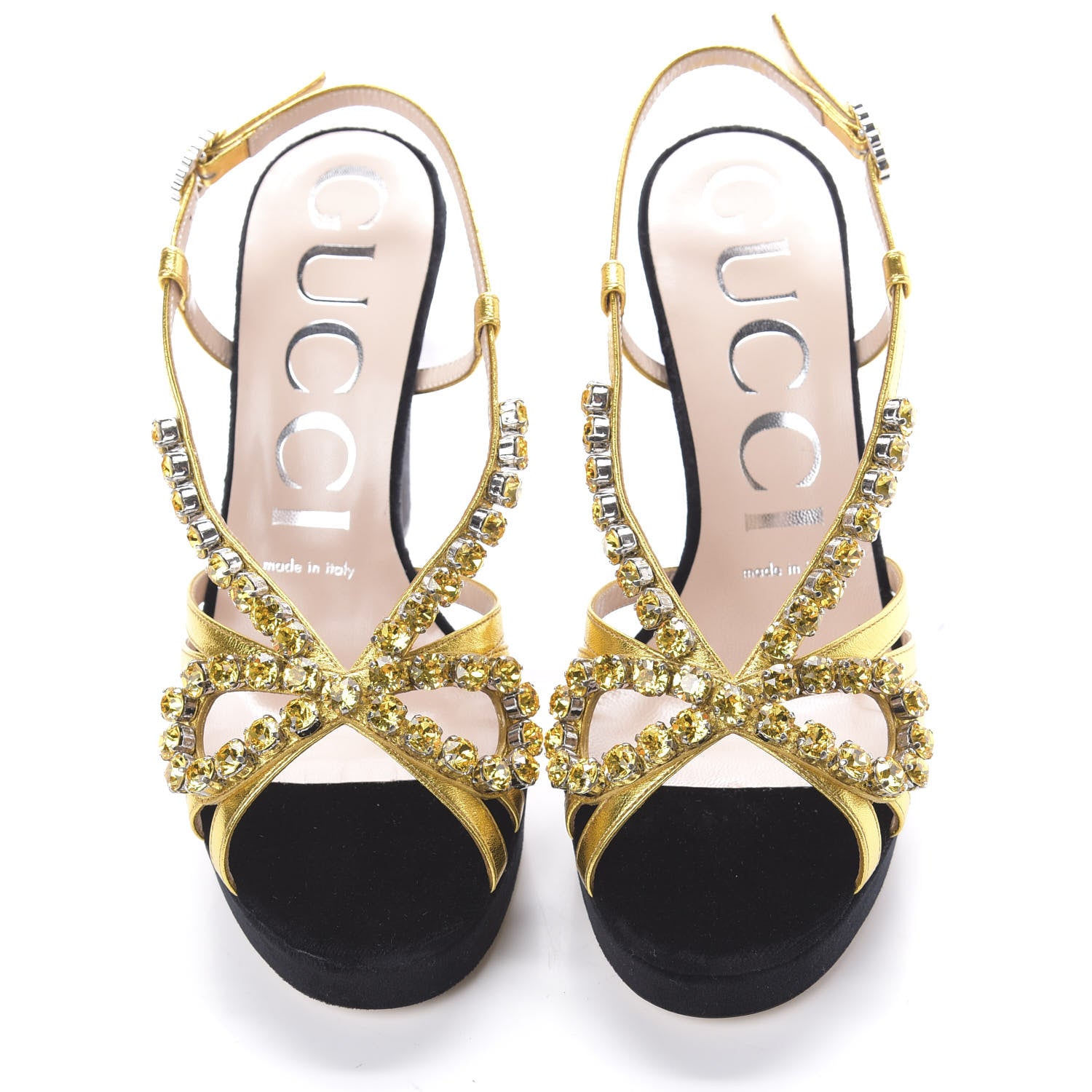 Gucci Velvet Nappa Crystal Zephyra Slingback Platform High Heel Sandals 36 Black Gold 5 of 9