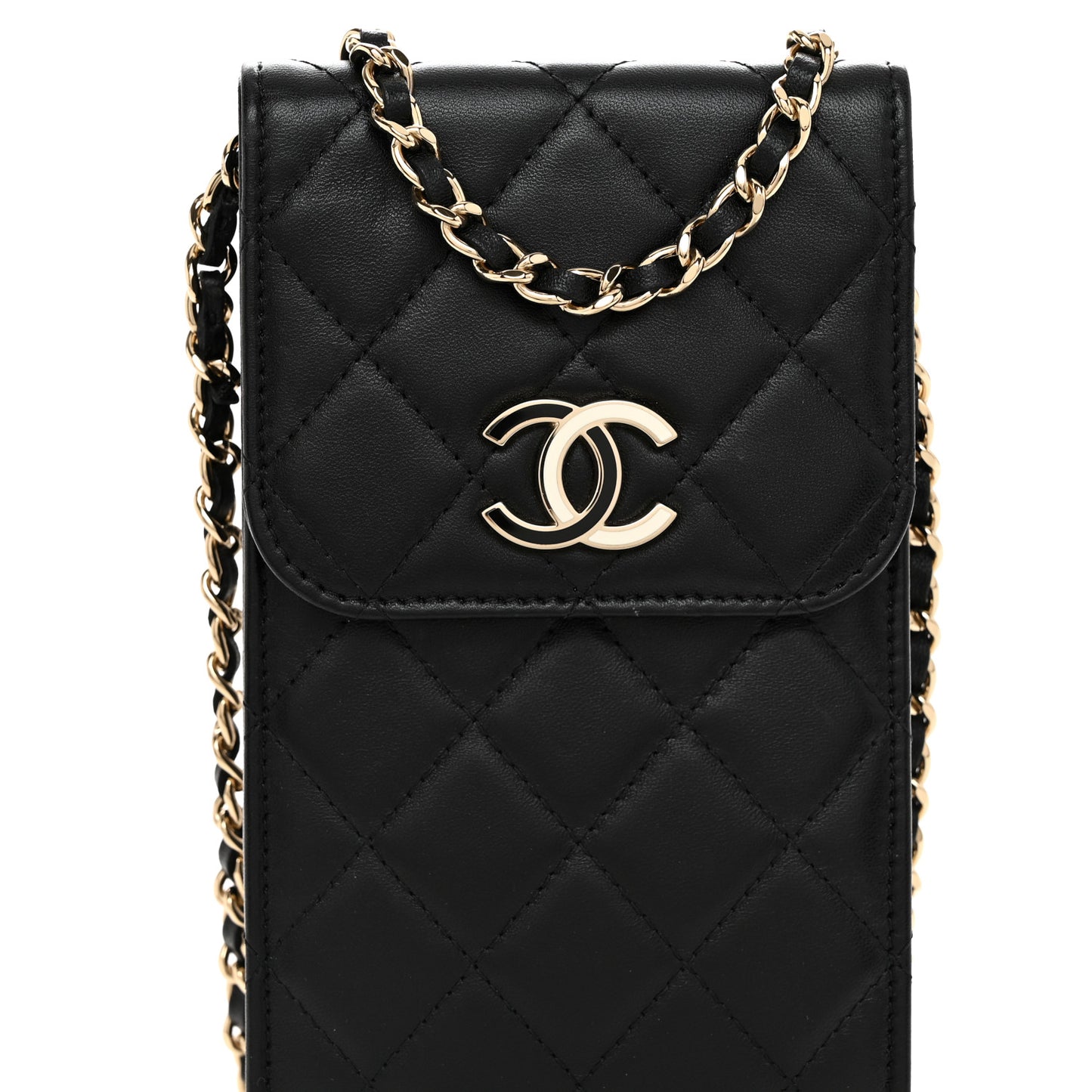 Lambskin Enamel Quilted Phone Holder With Chain Black