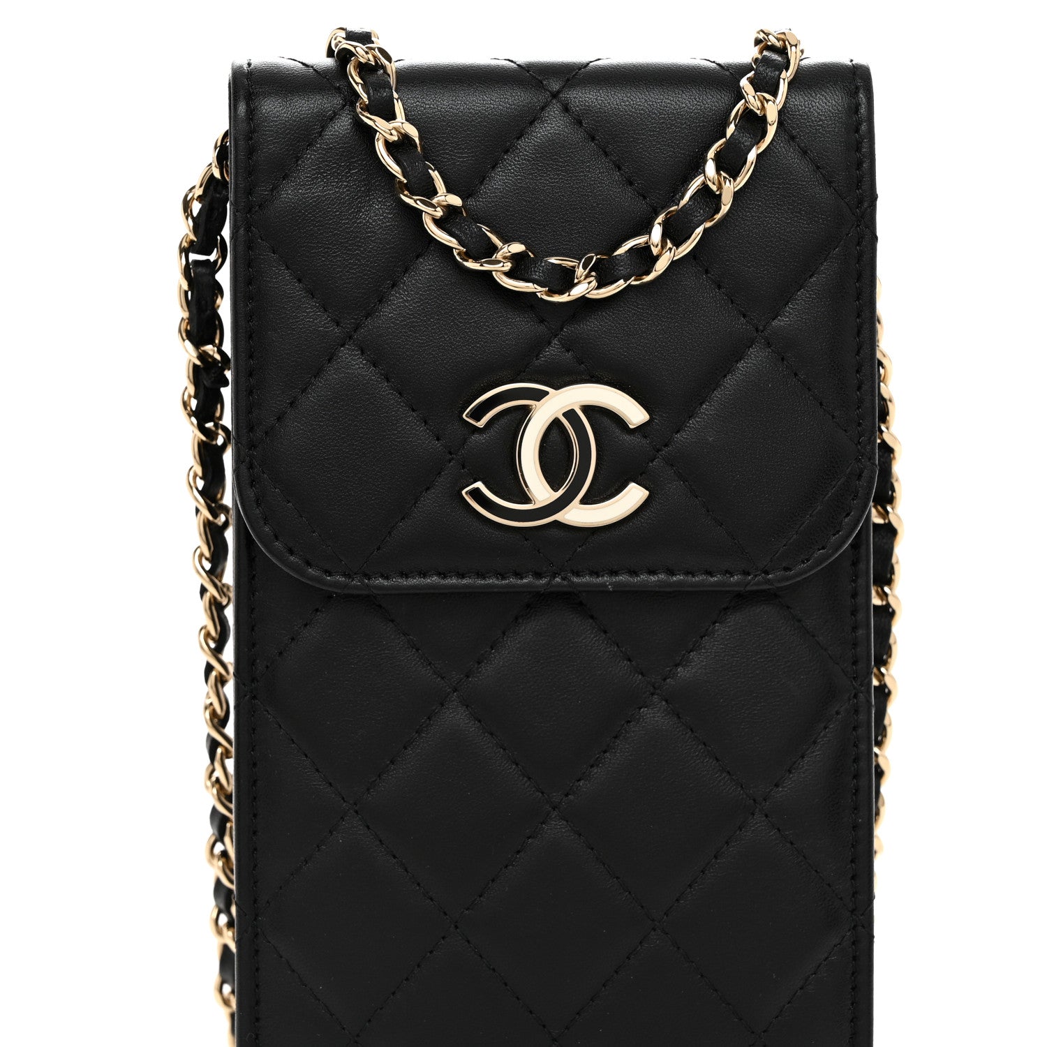 Chanel Lambskin Enamel Quilted Phone Holder With Chain Black 8 of 10