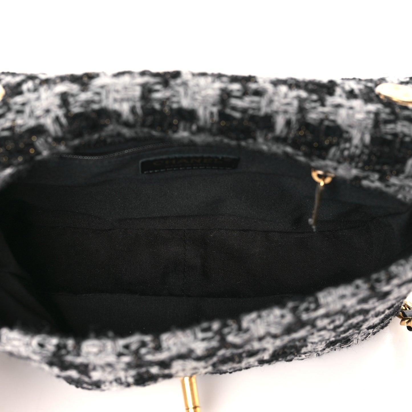 Wool Tweed Quilted Elegant Chain Flap Black Grey
