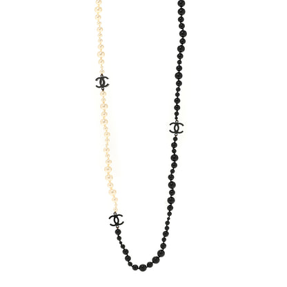 Chanel Ruthenium Pearl Beaded Enamel CC Long Necklace White Black 1 of 5