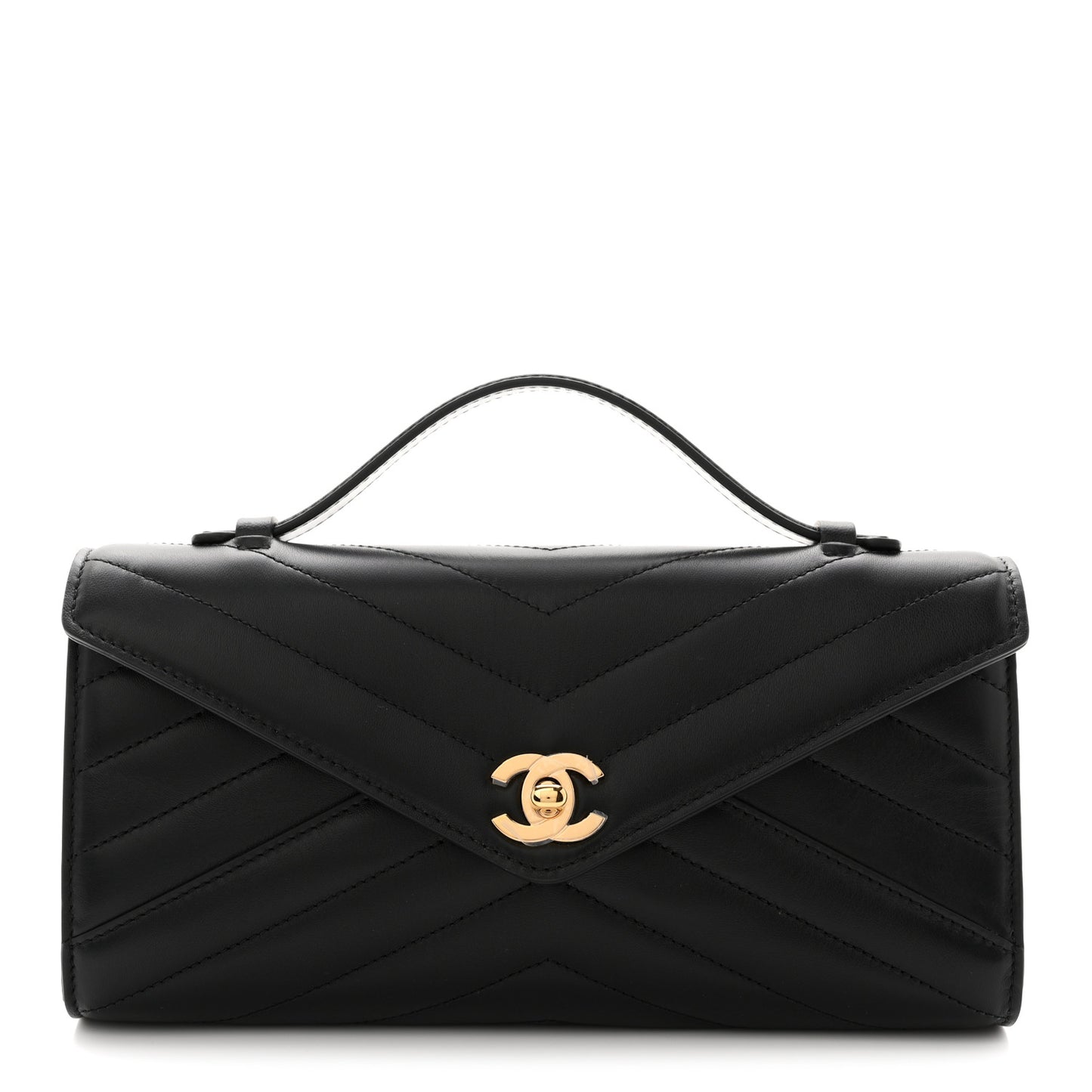 Lambskin Chevron Quilted Top Handle Envelope Clutch Black