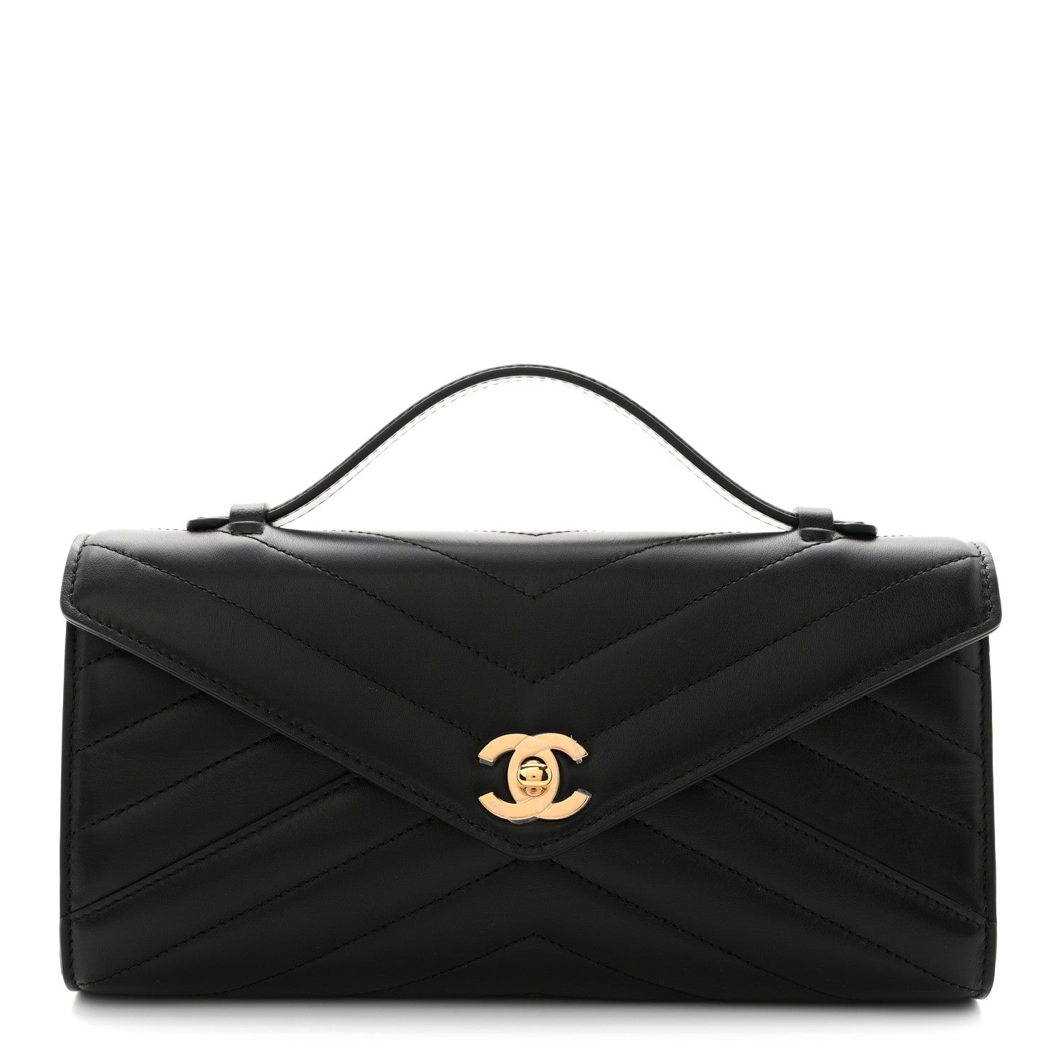 Chanel Lambskin Chevron Quilted Top Handle Envelope Clutch Black 1 of 11