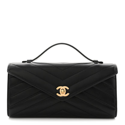 Chanel Lambskin Chevron Quilted Top Handle Envelope Clutch Black 1 of 11