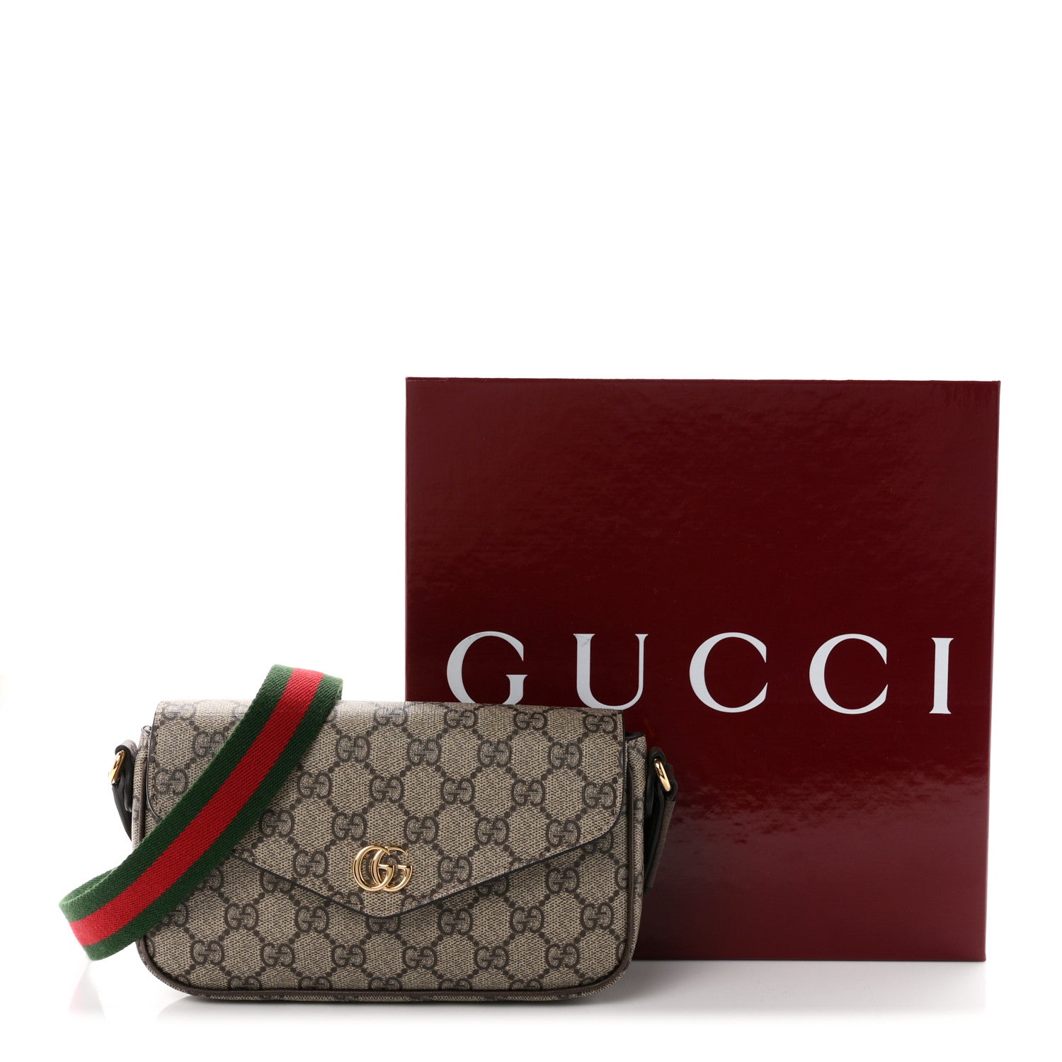 Gucci GG Supreme Monogram Textured Dollar Calfskin Web Mini Ophidia Envelope Shoulder Bag Beige Ebony 10 of 10