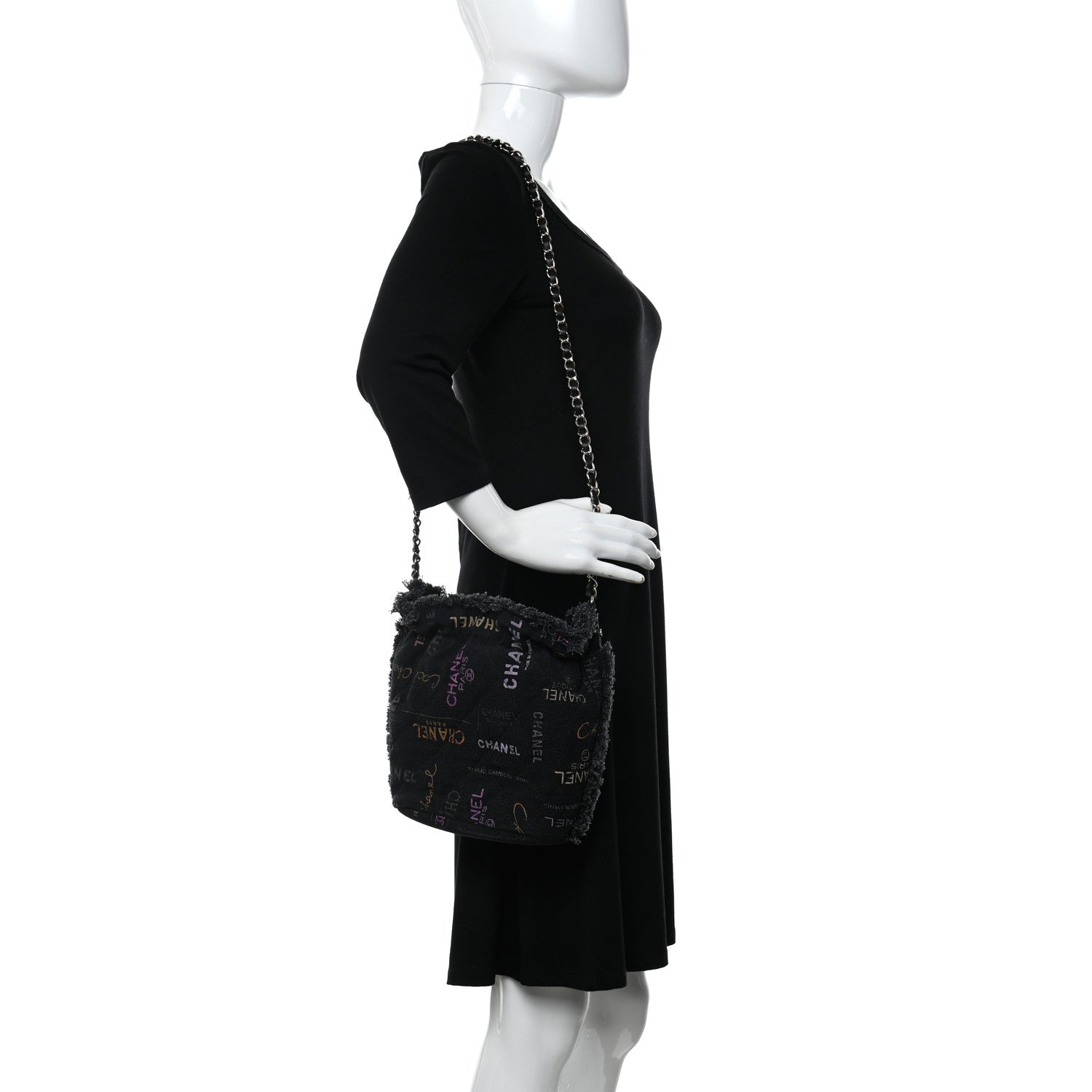 Chanel Denim Quilted Mood Small Bucket With Chain Black Multicolor 2 of 10