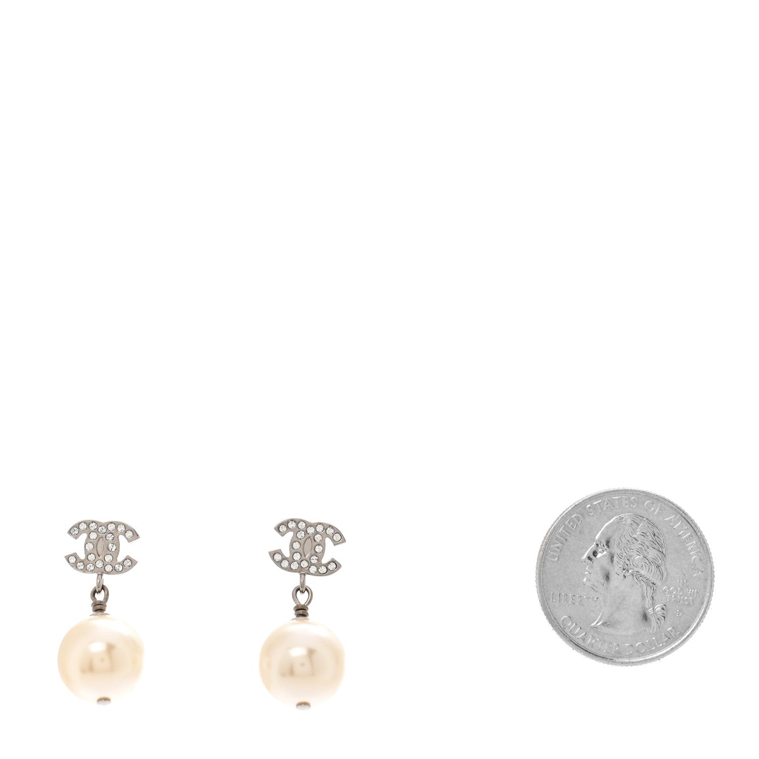 Chanel Crystal Pearl CC Drop Earrings Silver Pearly White 2 of 5