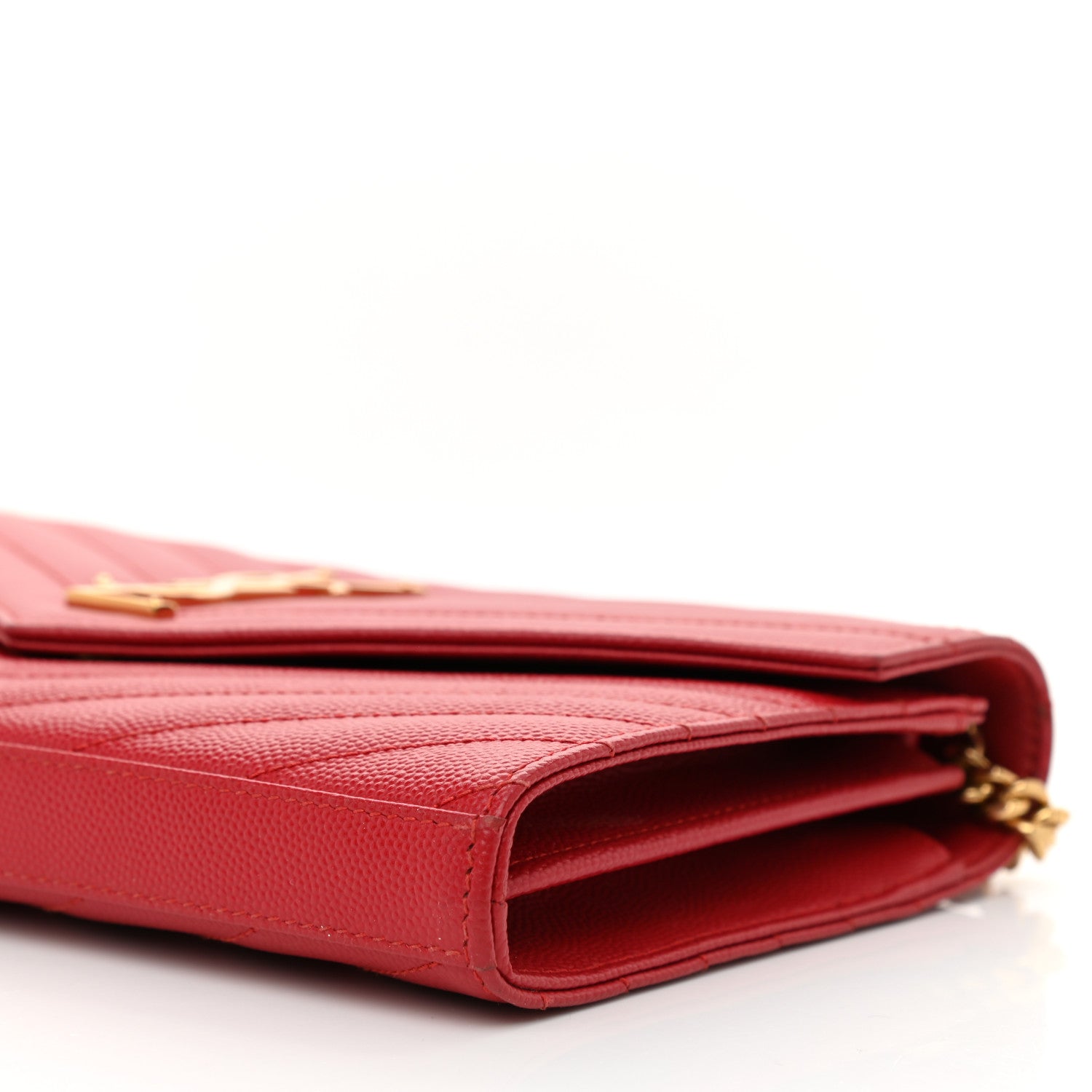 Saint Laurent Grain De Poudre Matelasse Chevron Monogram Chain Wallet New Red 7 of 8