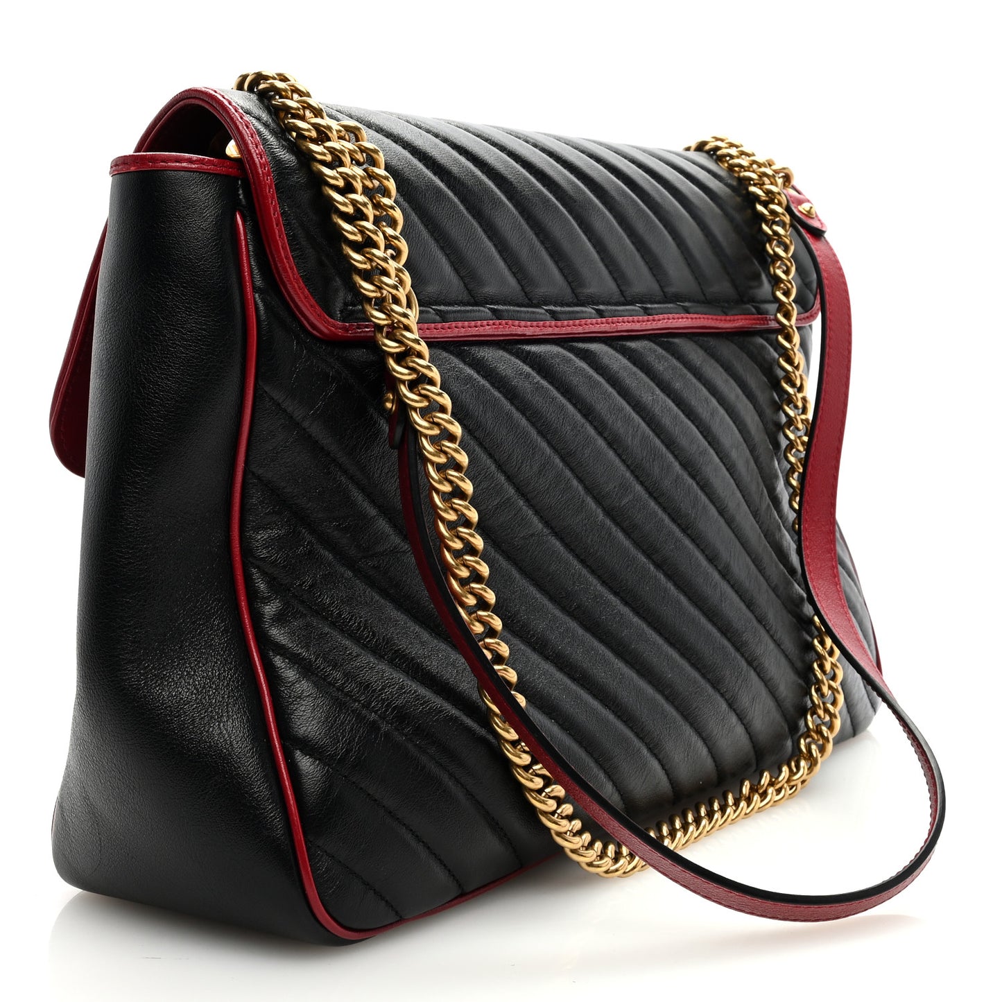 Vintage Effect Calfskin Matelasse Diagonal Large Torchon GG Marmont Shoulder Bag Black Romantic Cherry