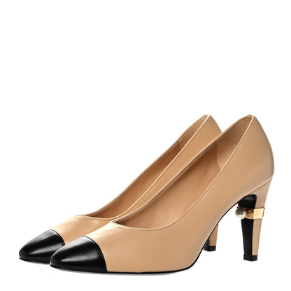 Chanel Lambskin Cap Toe Pearl Pumps 37.5 Beige Black 3 of 10