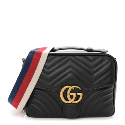 Gucci Calfskin Matelasse Sylvie Web Small GG Marmont Top Handle Shoulder Bag Black 1 of 10