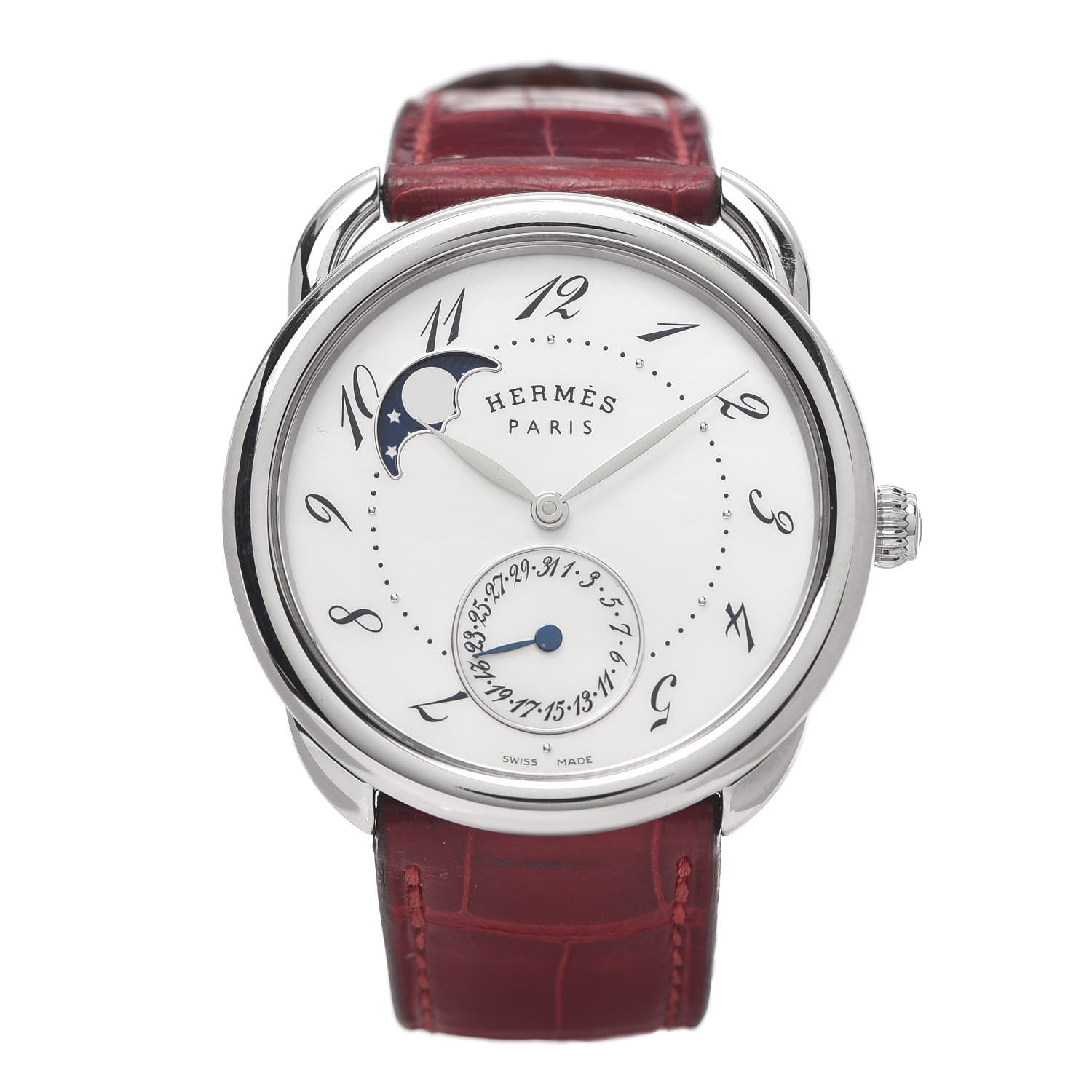Hermes Stainless Steel Alligator Mother of Pearl 38mm Arceau Petite Lune Automatic Watch Braise 1 of 7