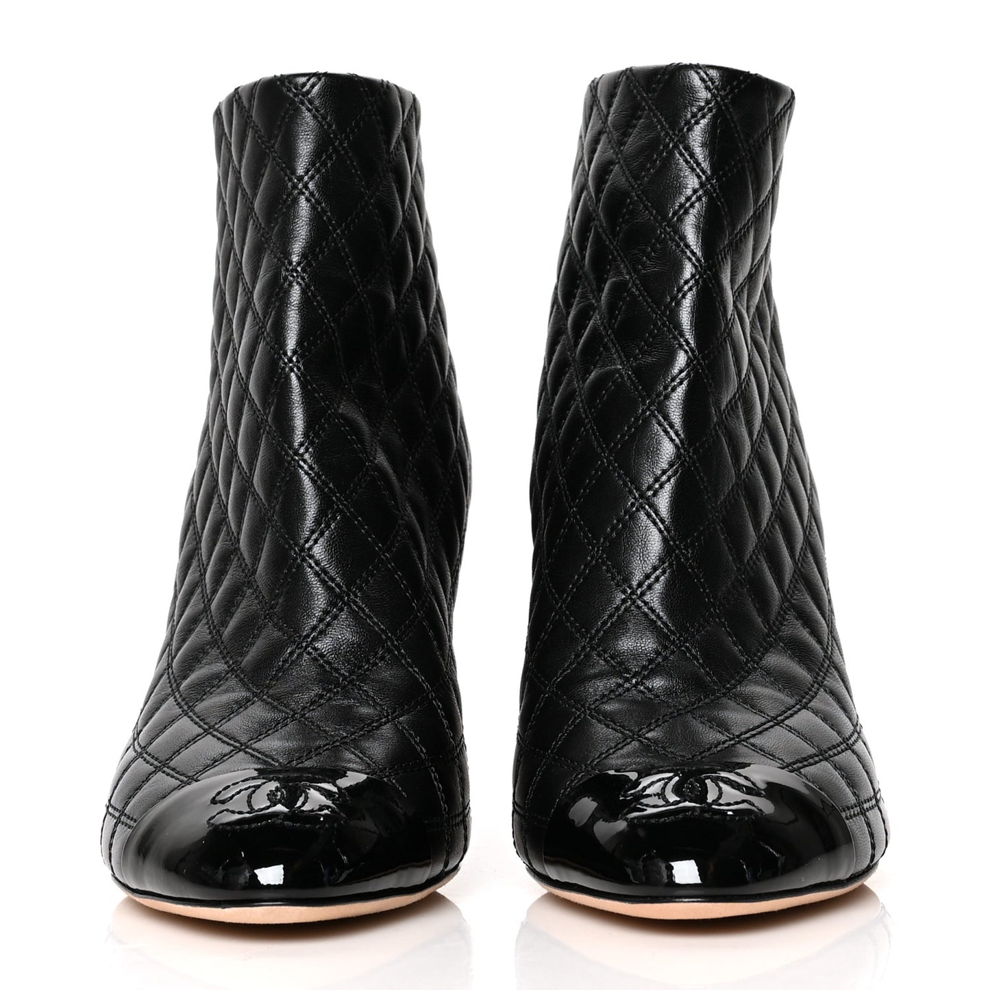 Lambskin Patent Quilted CC Cap Toe Booties 37 Black