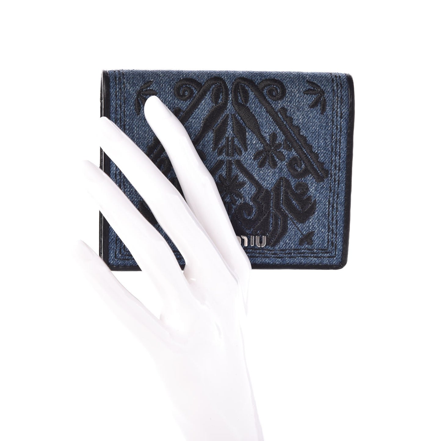 Denim Embroidered Compact Wallet Blue